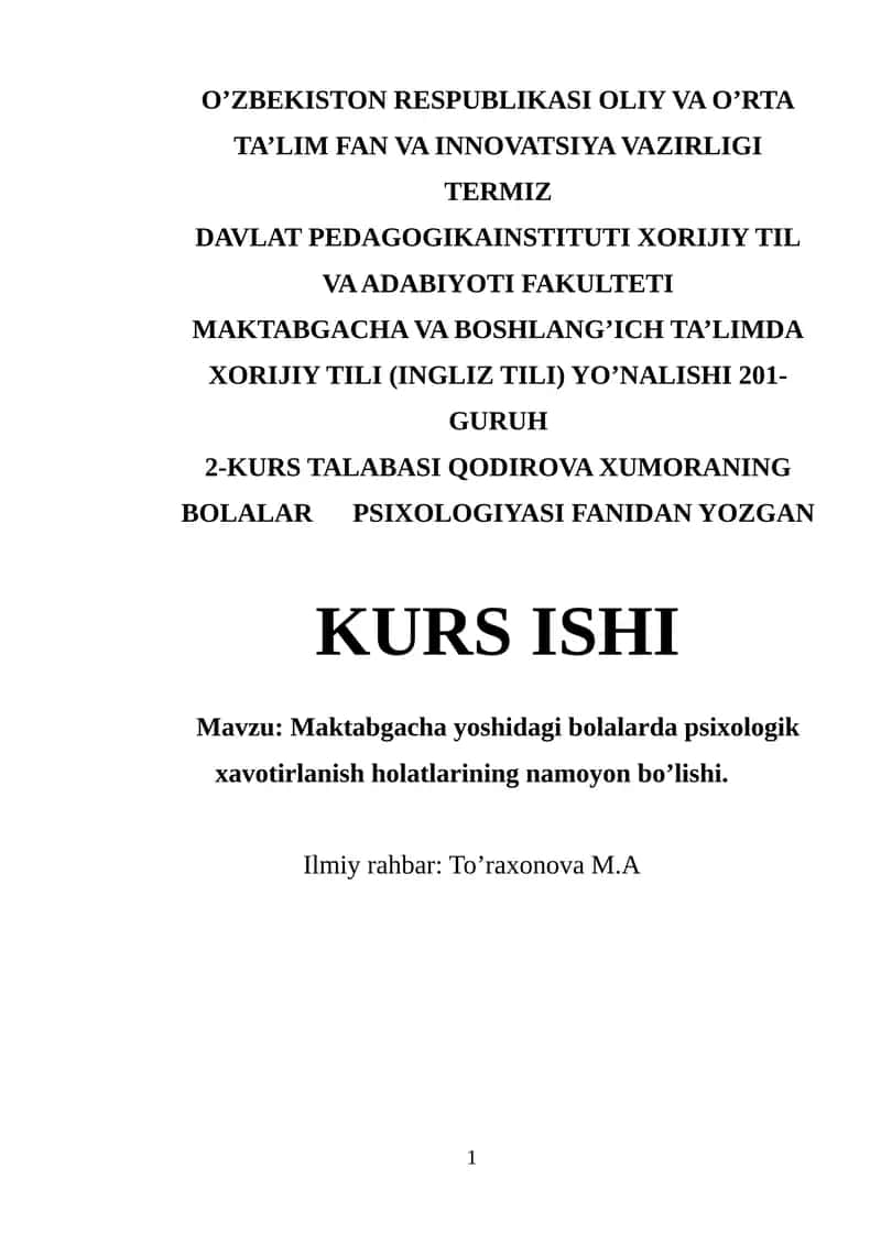 Maktabgacha yoshidagi bolalarda psixologik xavotirlanish holatlarining namoyon bo’lishi 1