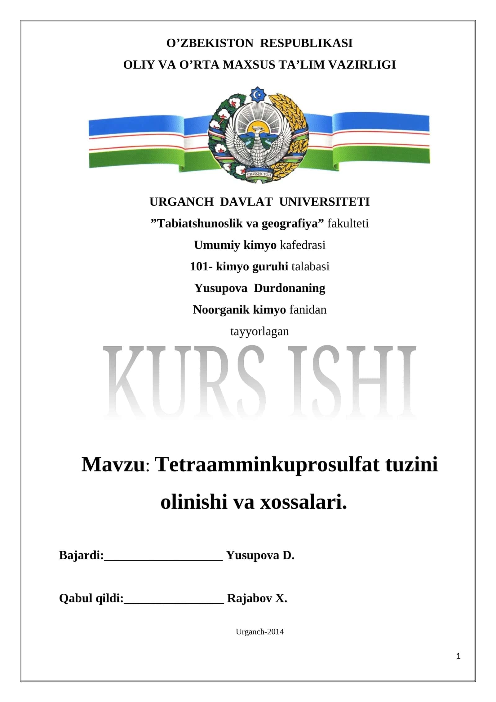 Tetraamminkuprosulfat tuzini olinishi va xossalari 1