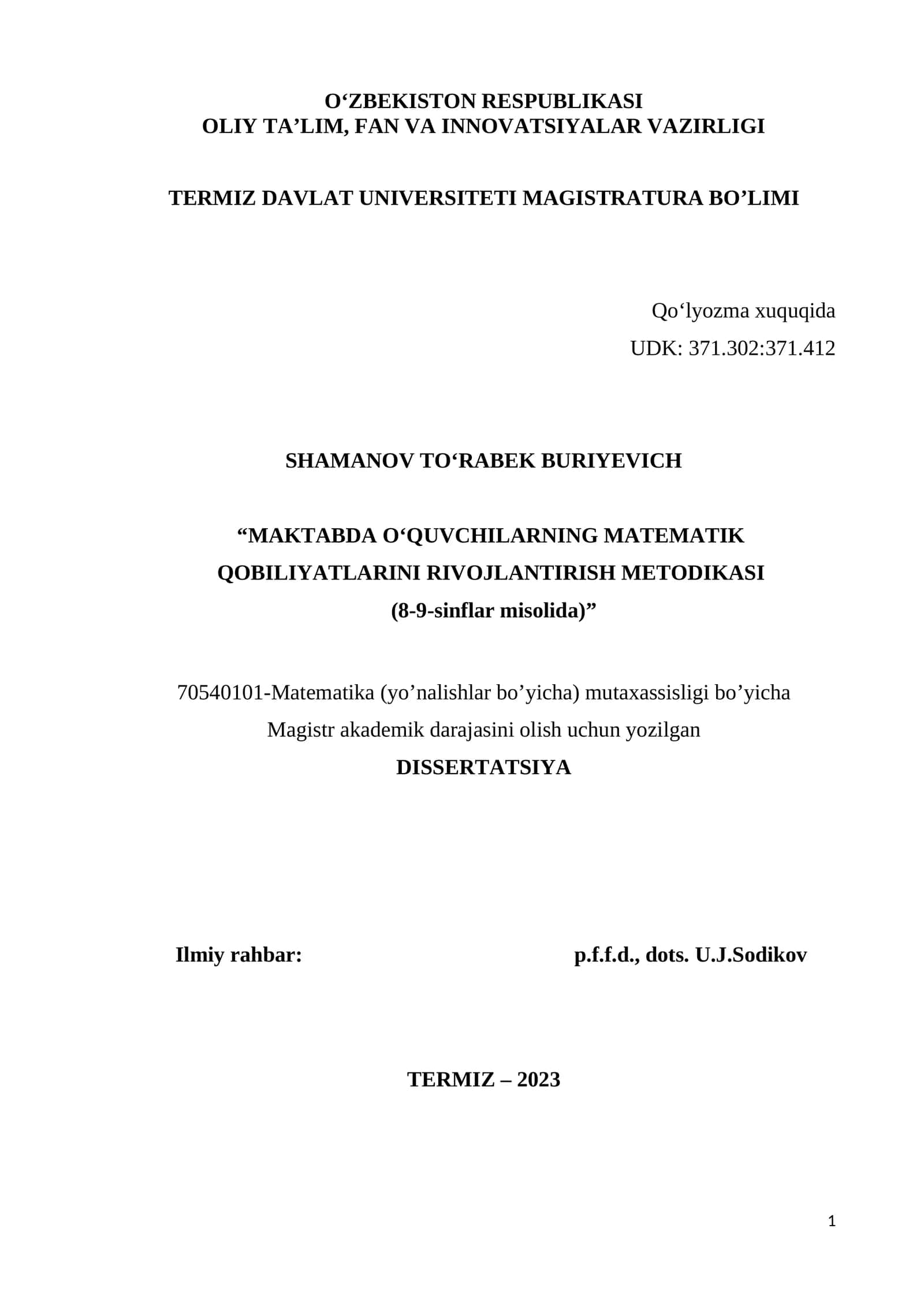 “MAKTABDA O‘QUVCHILARNING MATEMATIK QOBILIYATLARINI RIVOJLANTIRISH METODIKASI (8-9-sinflar misolida)” 1