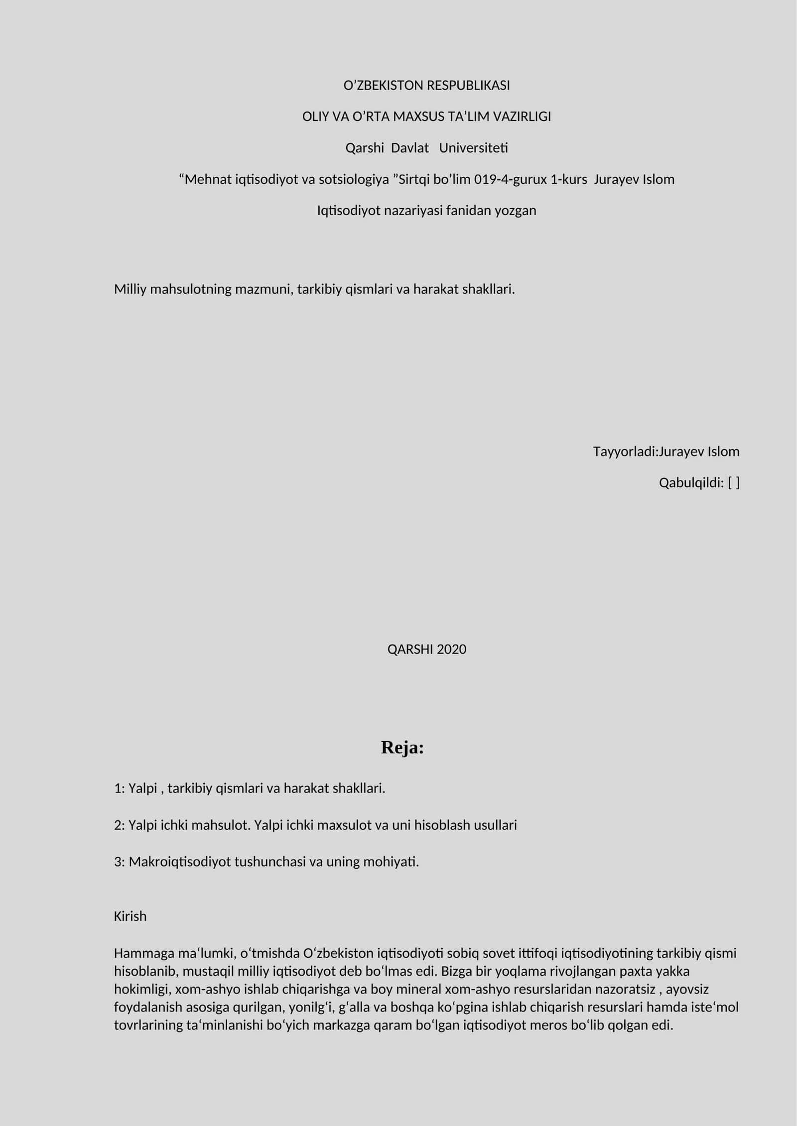 Milliy mahsulotning mazmuni, tarkibiy qismlari va harakat shakllari 1