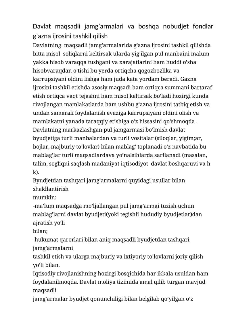 Davlat maqsadli jamg’armalari va boshqa nobudjet fondlar g’azna ijrosini tashkil qilish 1