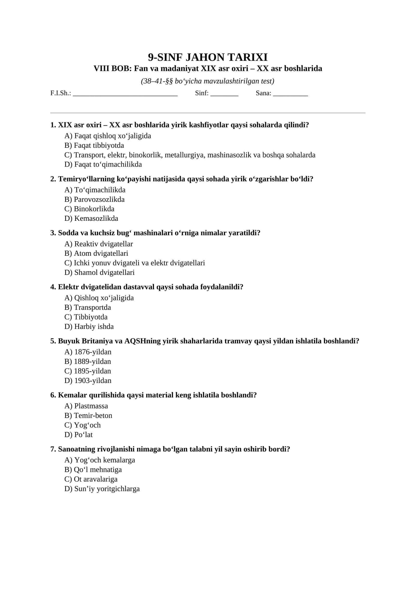 9-SINF JAHON TARIXI VIII BOB: Fan va madaniyat XIX asr oxiri – XX asr boshlarida 1