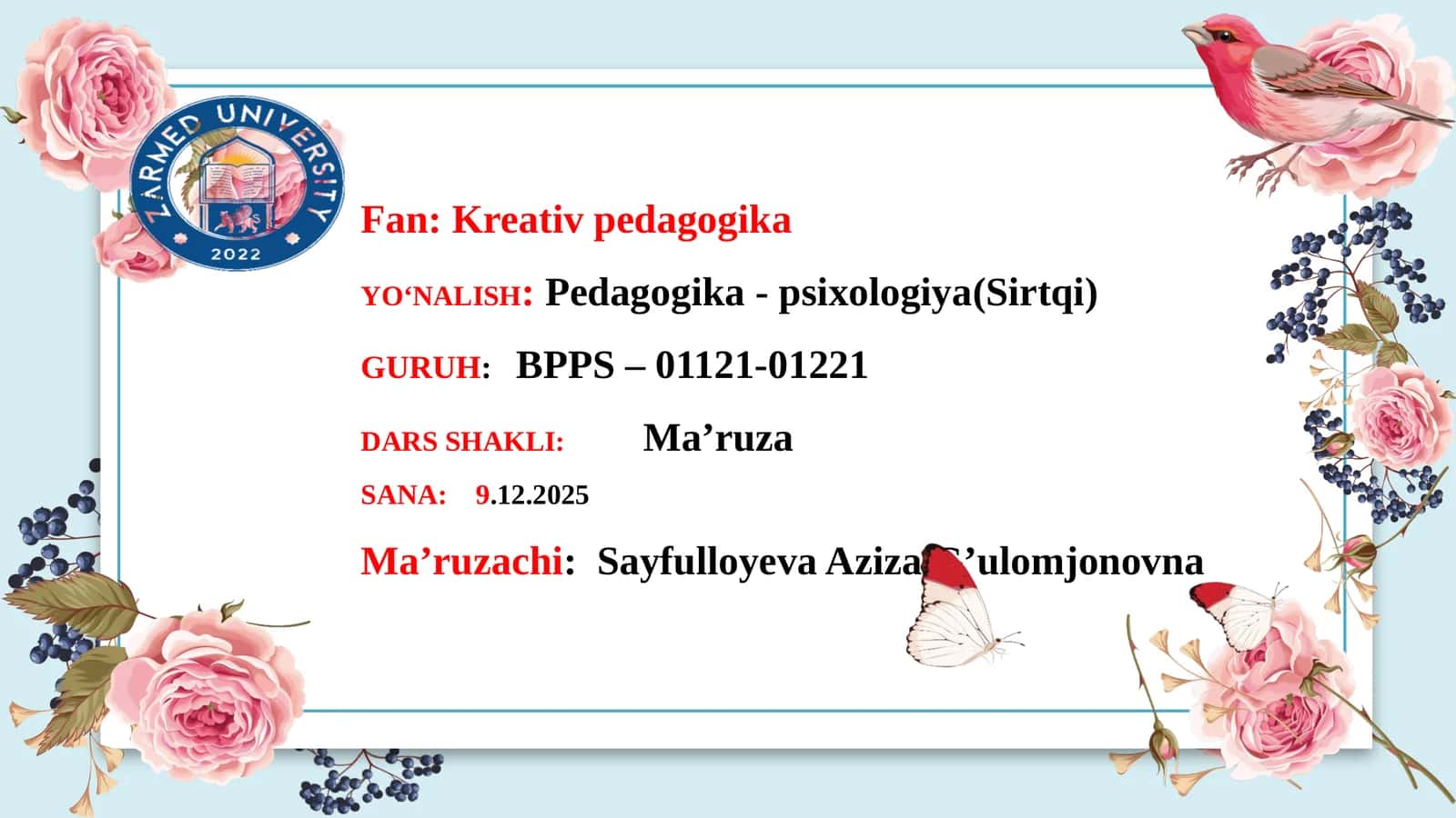 Bilim, taraqqiyotga oʻtish borasida kompetensiyalarni shakllantirish. Maʼruza va amaliy mashgʻulotlar, shuningdek, reyting nazorati uchun keyslar va testlar toʻplamini shakllantirish 1
