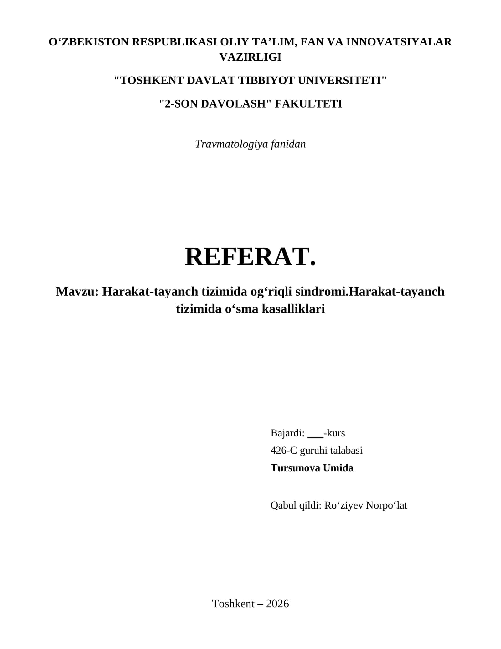 Harakat-tayanch tizimida ogʻriqli sindromi.Harakat-tayanch tizimida oʻsma kasalliklari 1