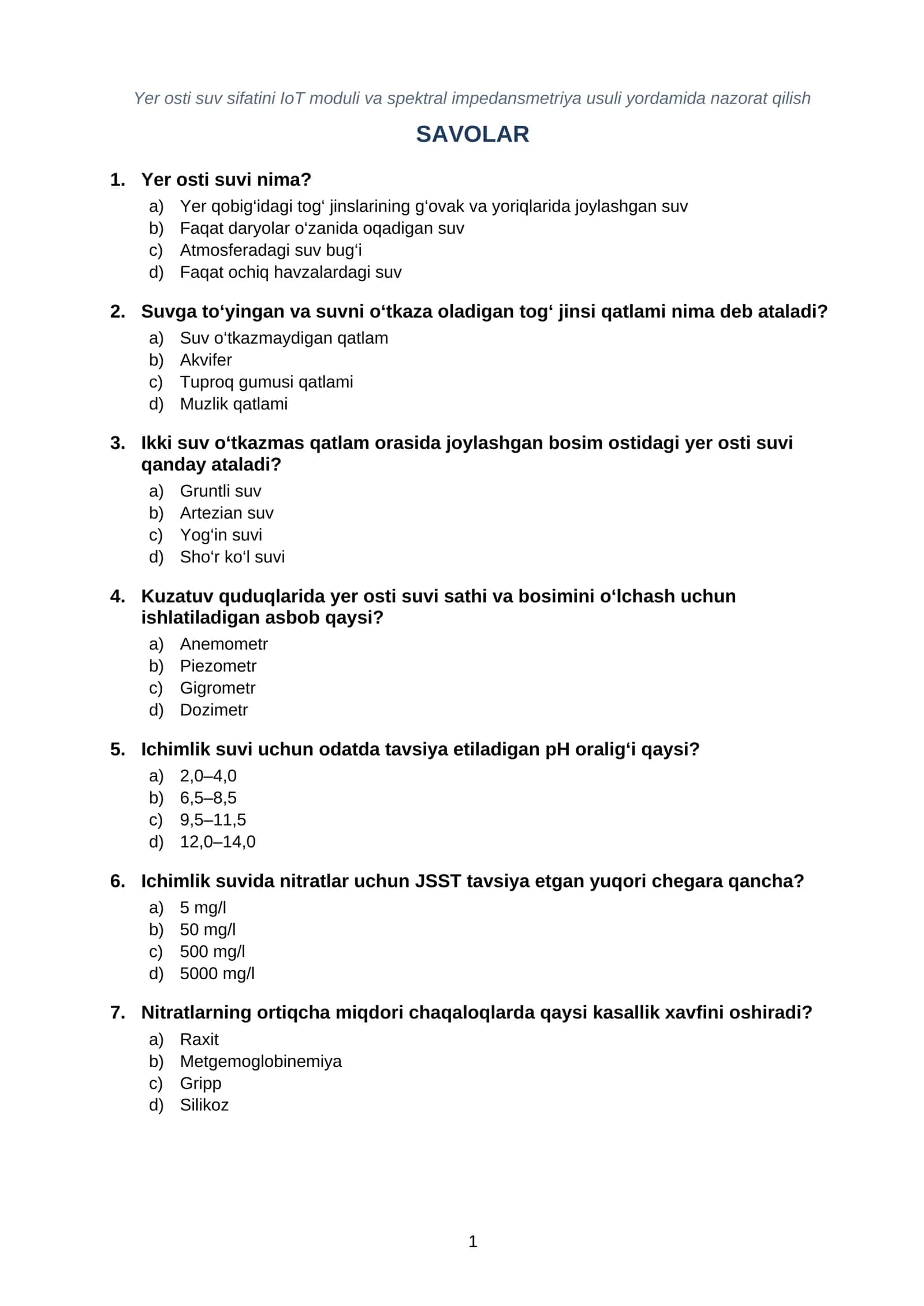 Yer osti suvini IoT moduli va spektral impedansmetriya usuli yordamida nazorat qilish 1