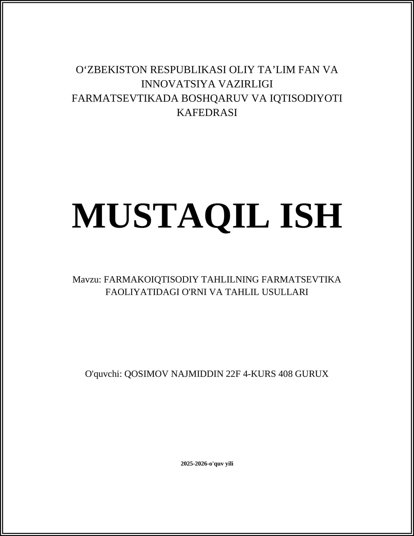 FARMAKOIQTISODIY TAHLILNING FARMATSEVTIKA FAOLIYATIDAGI O'RNI VA TAHLIL USULLARI 1