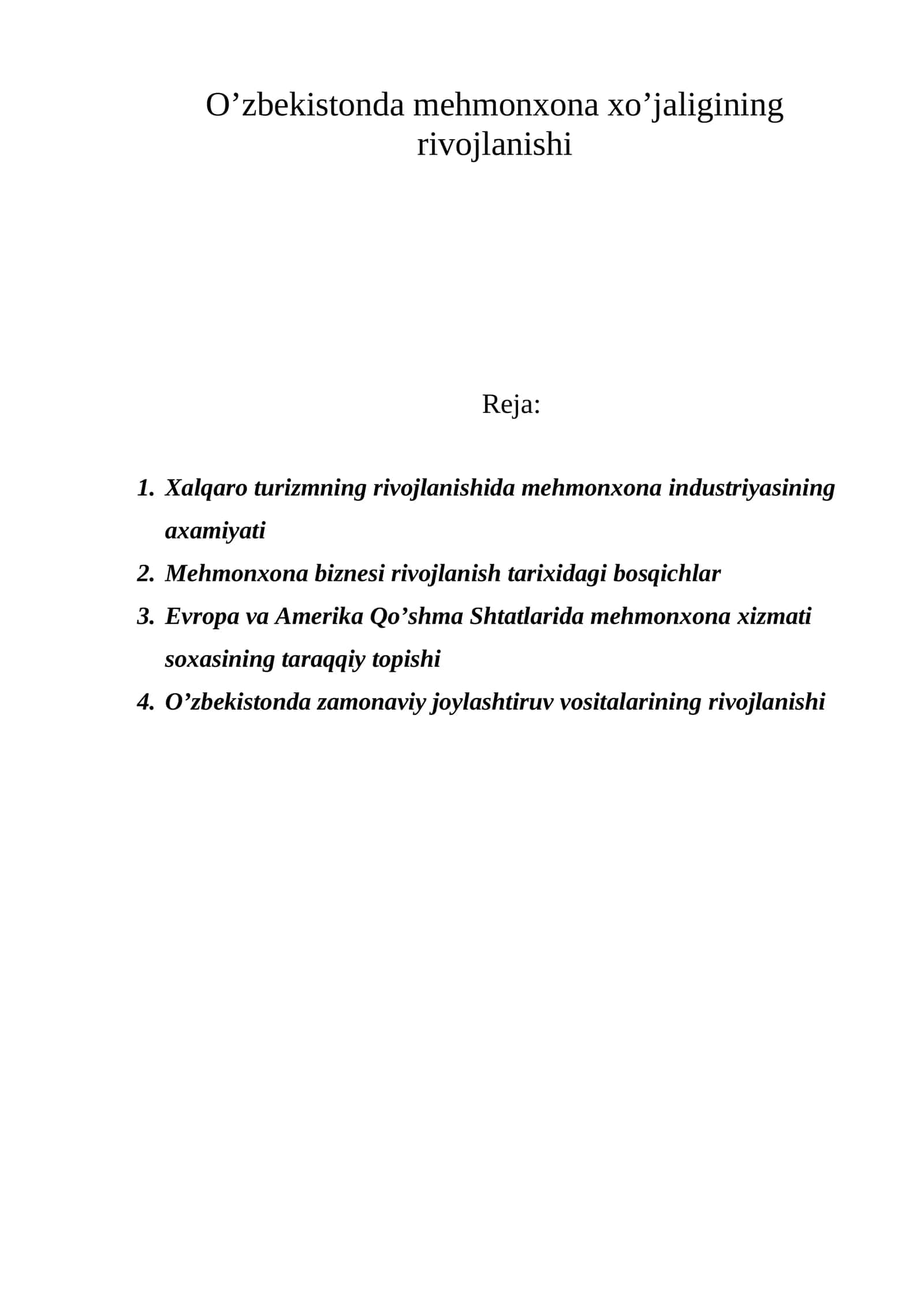 Mehmonxona xo’jaligining rivojlanishi 1