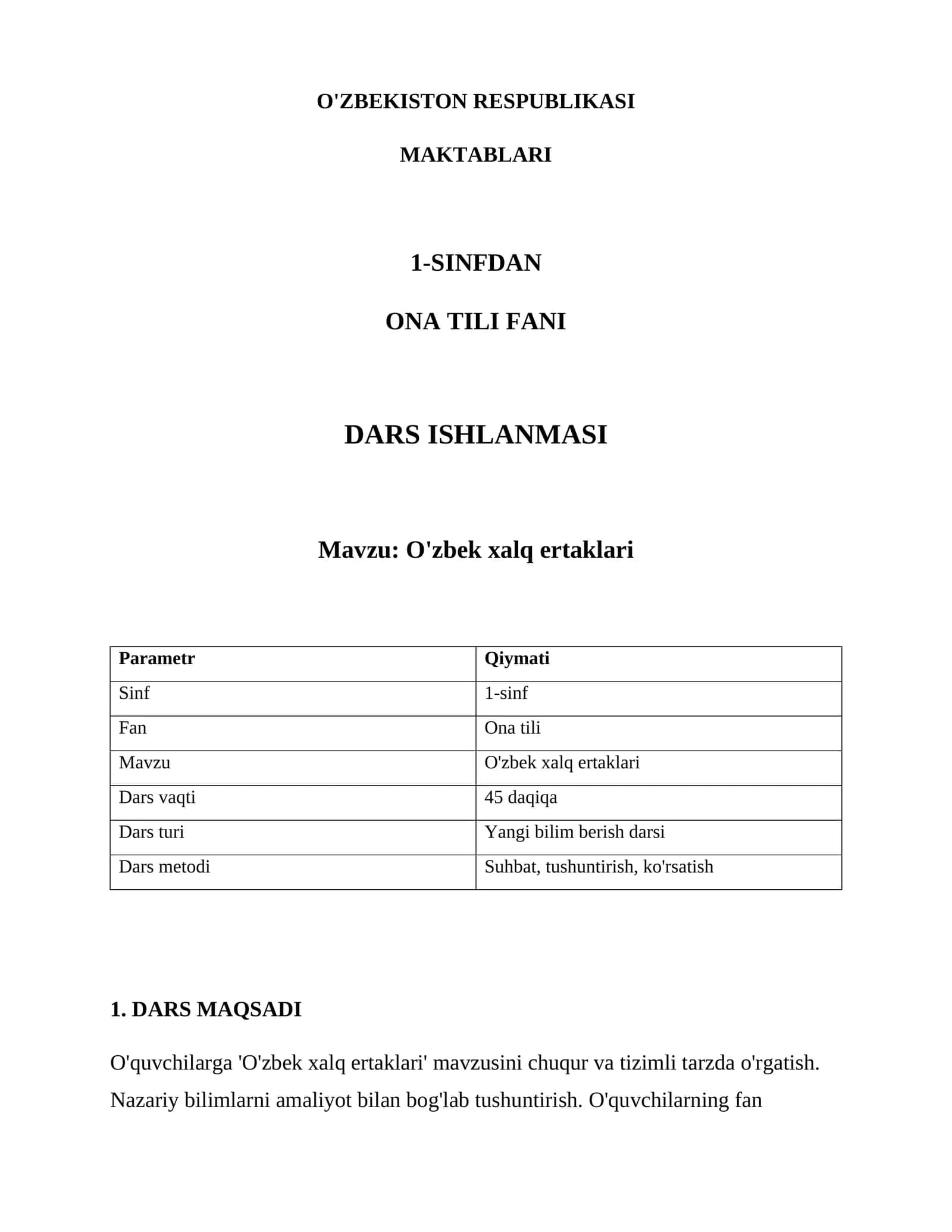 O'zbek xalq ertaklari DARS ISHLANMASI 1