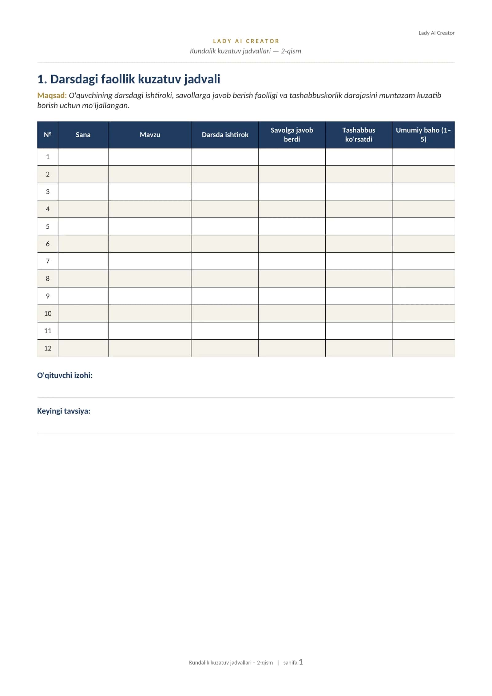 Kundalik kuzatuv jadvallari — 2-qism | O'qituvchilar va ota-onalar uchun (10 ta printable jadval) 1
