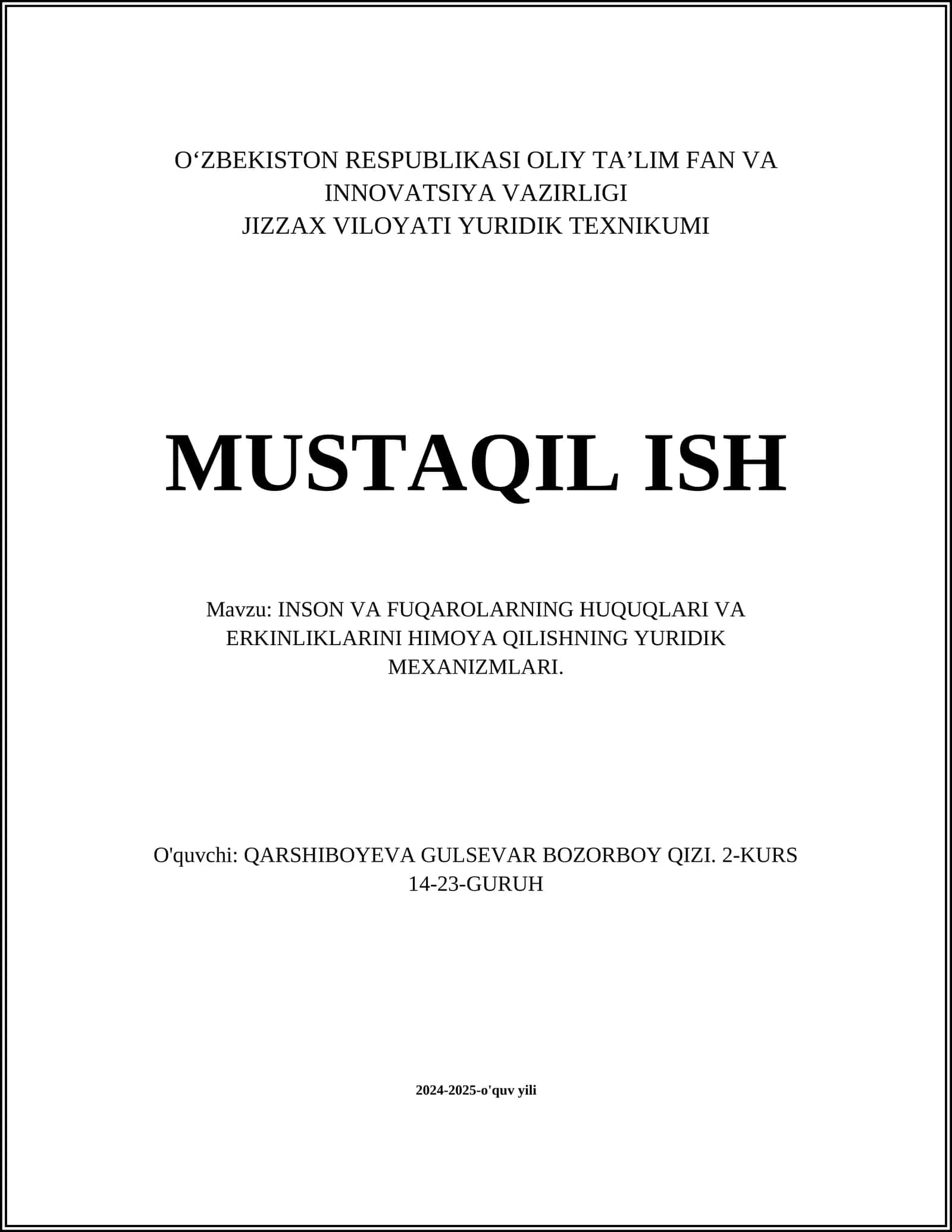 INSON VA FUQAROLARNING HUQUQLARI VA ERKINLIKLARINI HIMOYA QILISHNING YURIDIK MEXANIZMLARI 1