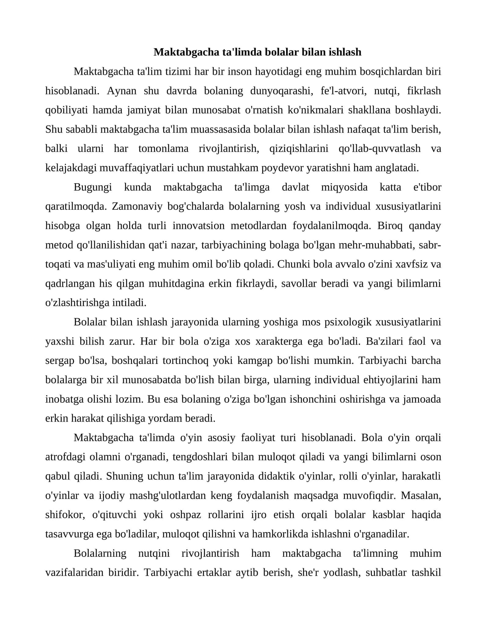 Maktabgacha ta'limda bolalar bilan ishlash 1