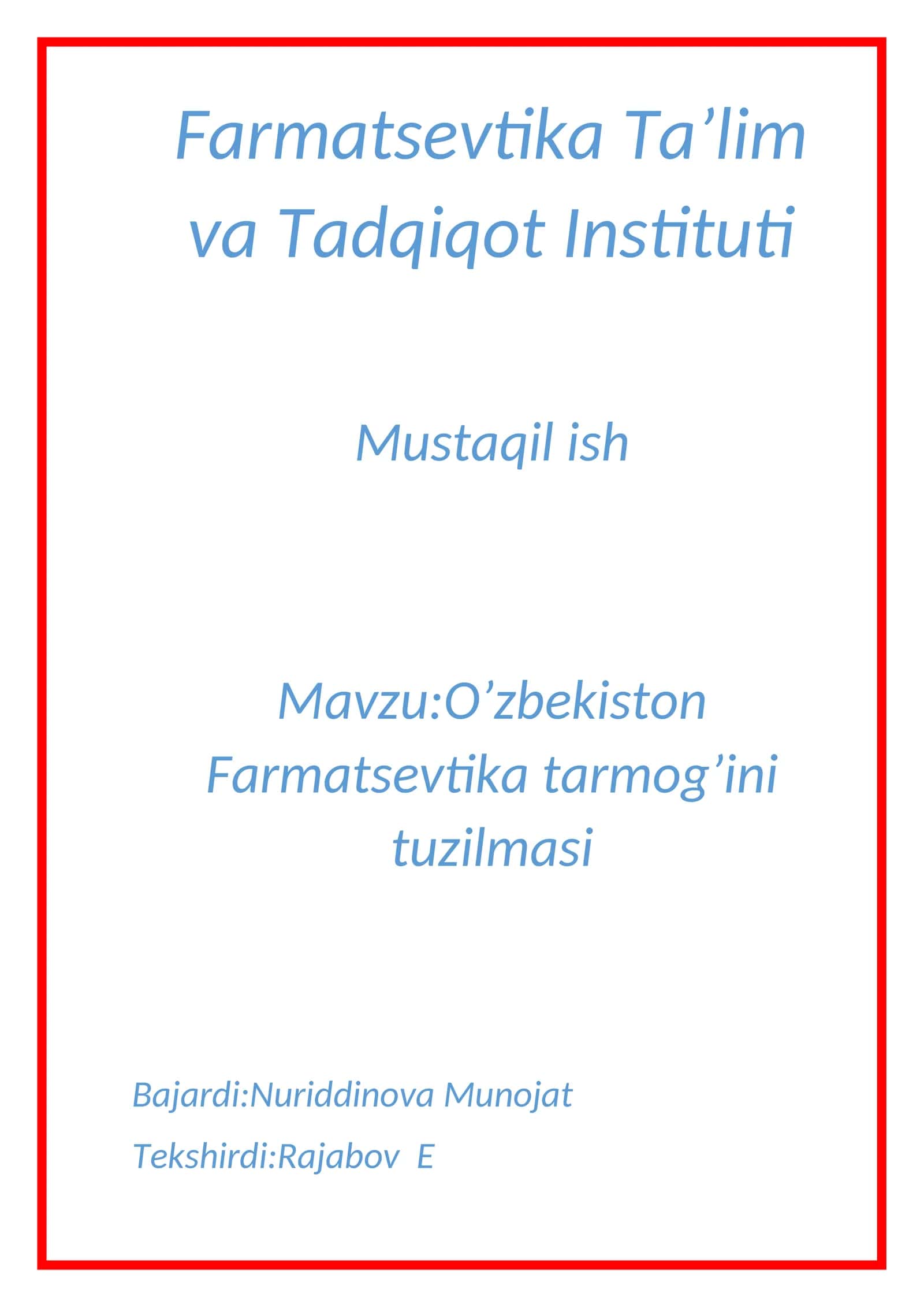 O’zbekiston Farmatsevtika tarmog’ini tuzilmasi 1