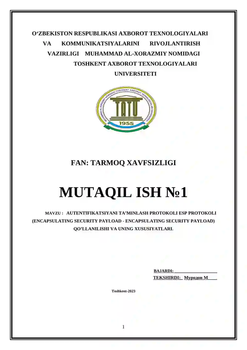 AUTENTIFIKATSIYANI TA’MINLASH PROTOKOLI ESP PROTOKOLI