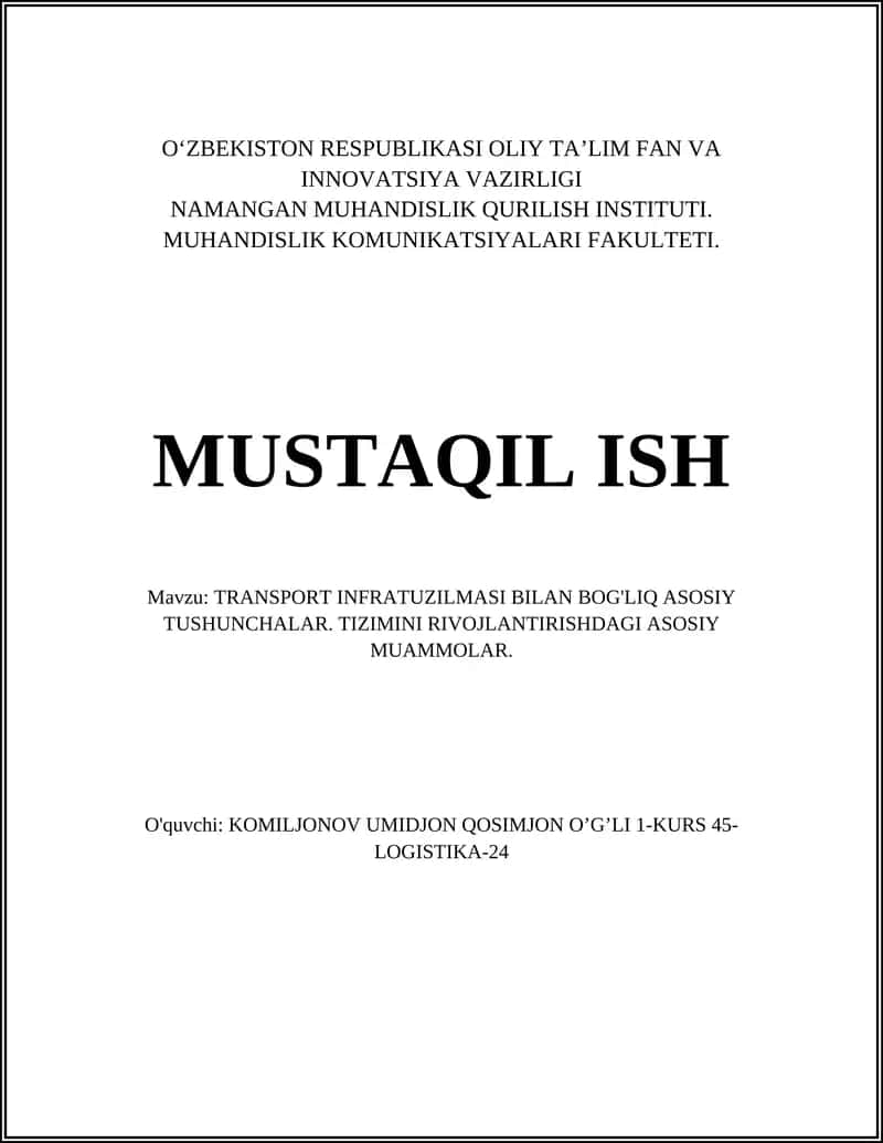 TRANSPORT INFRATUZILMASI BILAN BOG'LIQ ASOSIY TUSHUNCHALAR 1