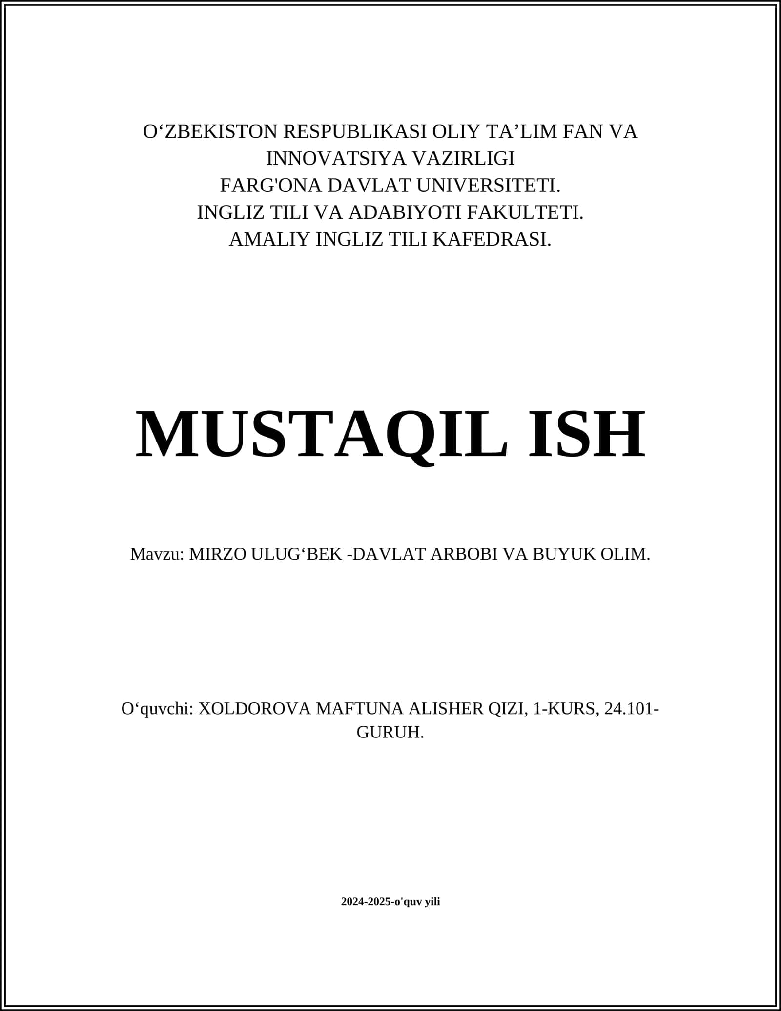 MIRZO ULUGʻBEK -DAVLAT ARBOBI VA BUYUK OLIM 1