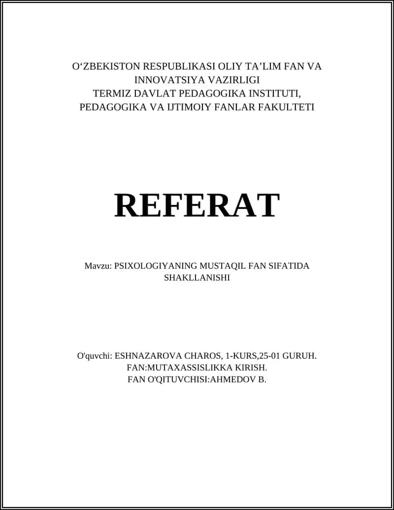 PSIXOLOGIYANING MUSTAQIL FAN SIFATIDA SHAKLLANISHI 1