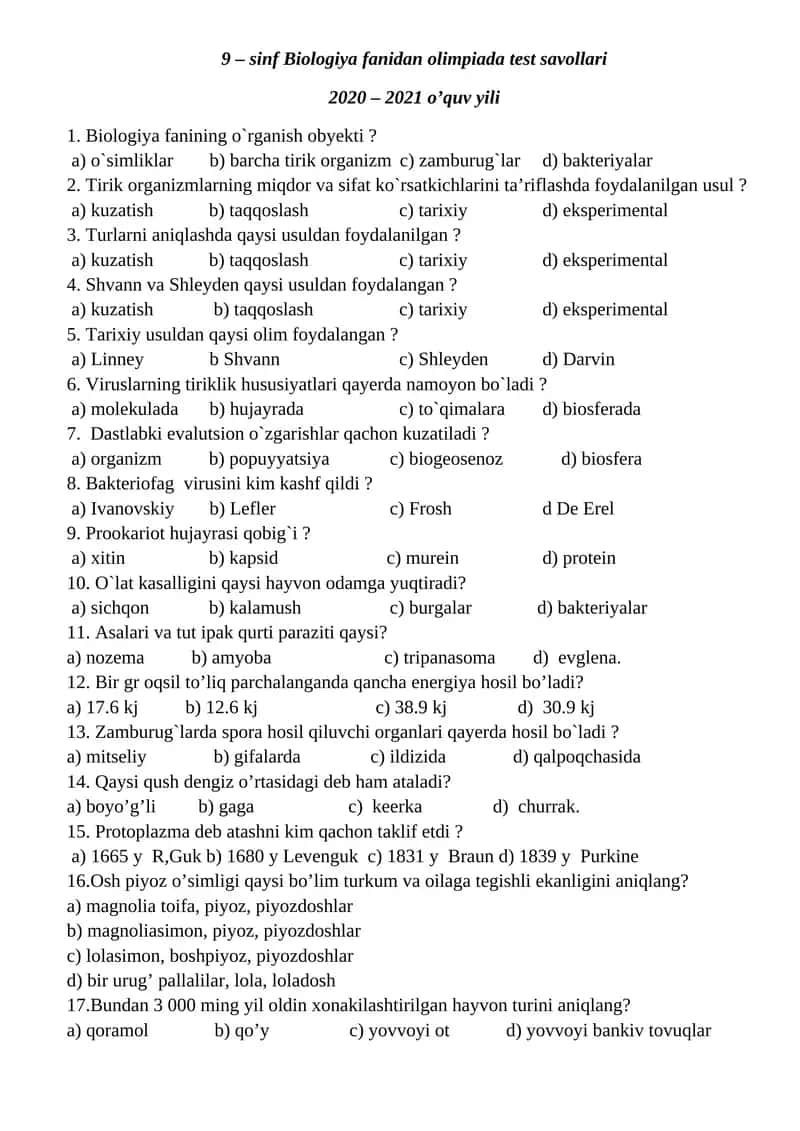9 – sinf Biologiya fanidan olimpiada test savollari 2020 – 2021 o’quv yili 1