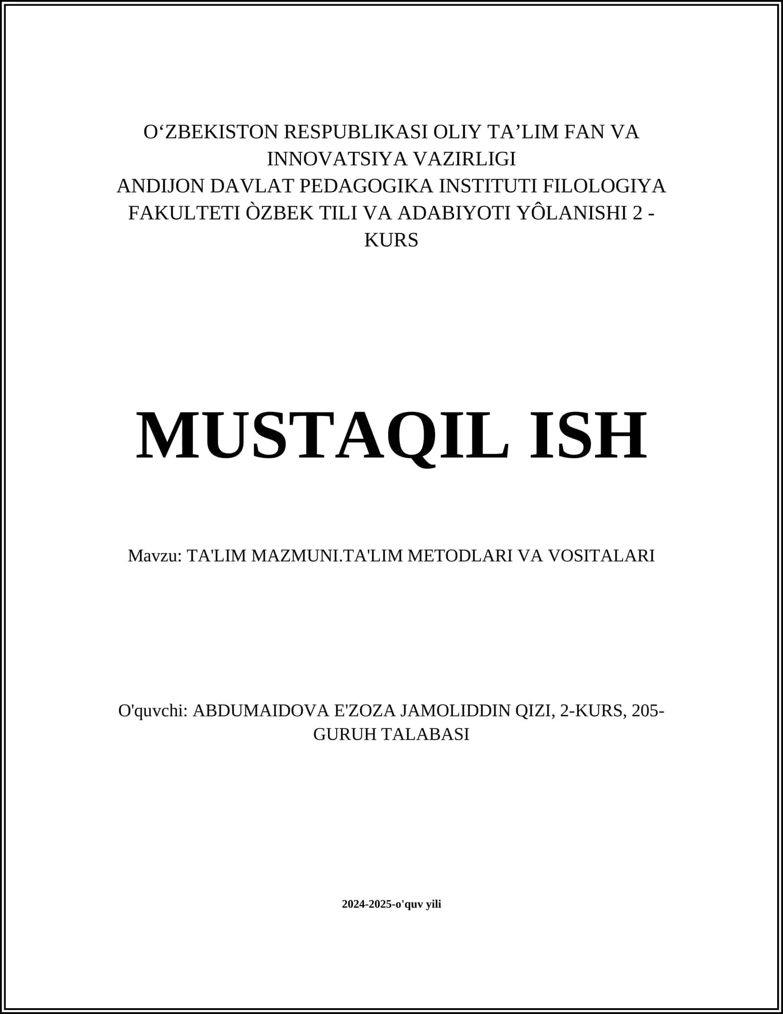 TA'LIM MAZMUNI.TA'LIM METODLARI VA VOSITALARI 1