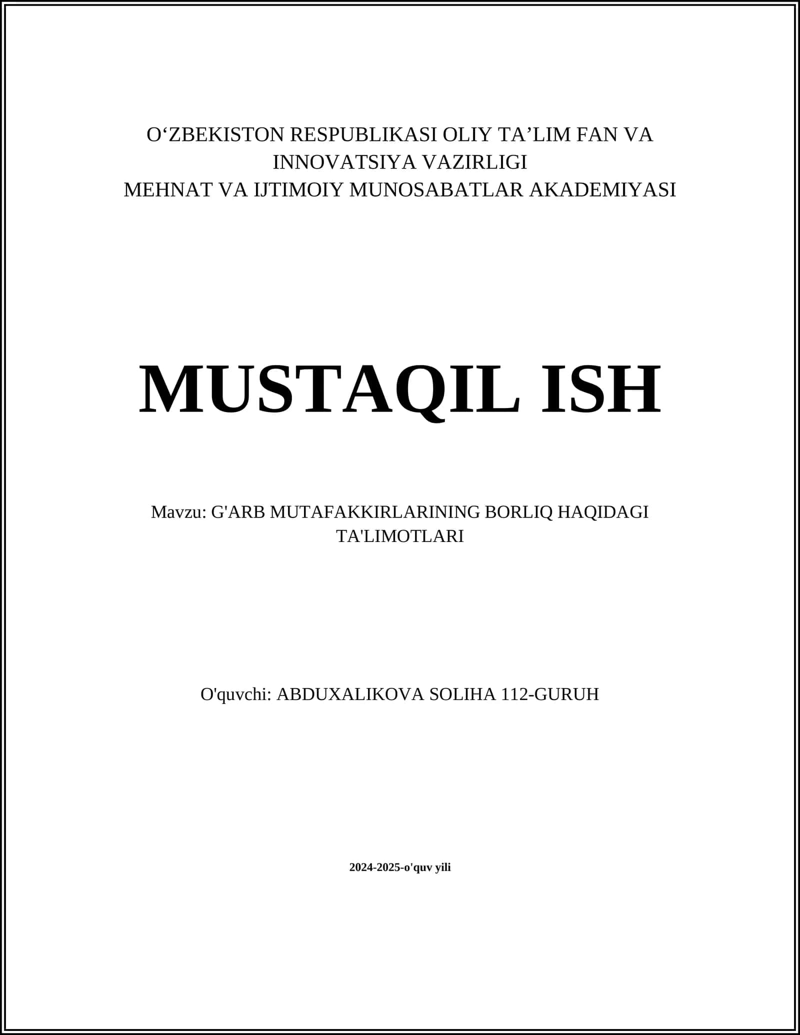 G'ARB MUTAFAKKIRLARINING BORLIQ HAQIDAGI TA'LIMOTLARI 1