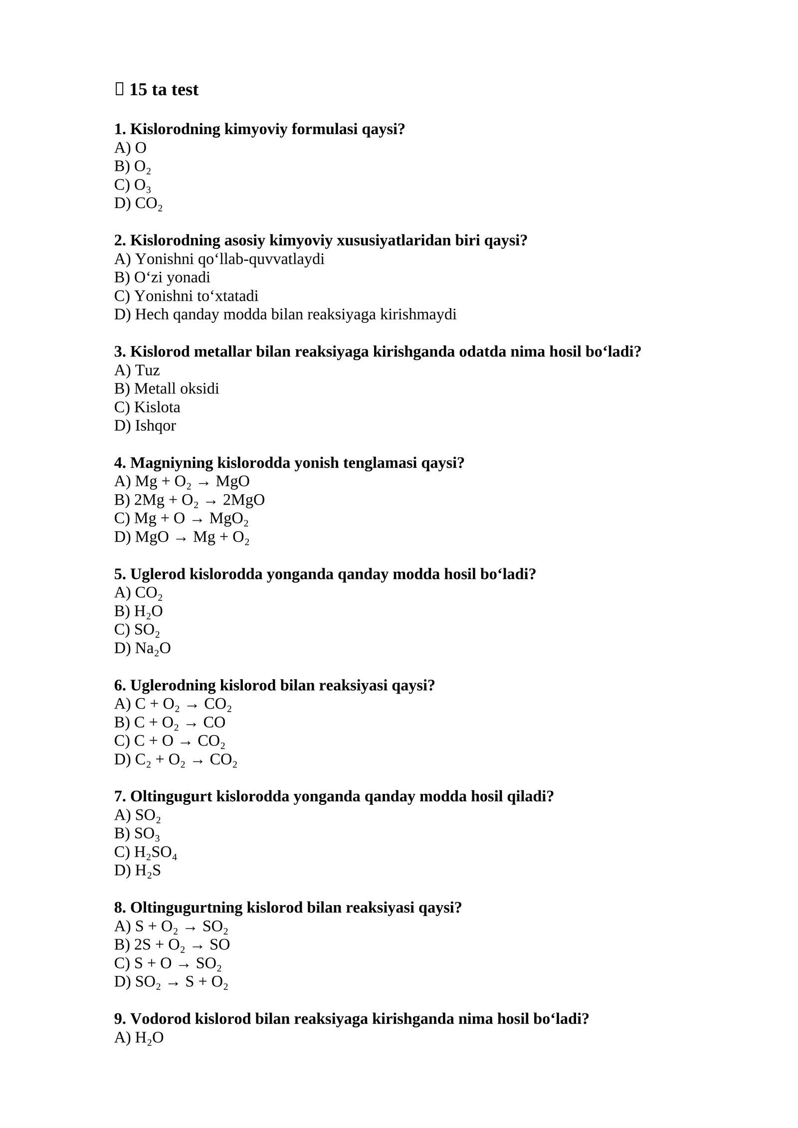 Kimyo fanidan 15 ta test savol-javoblar 1