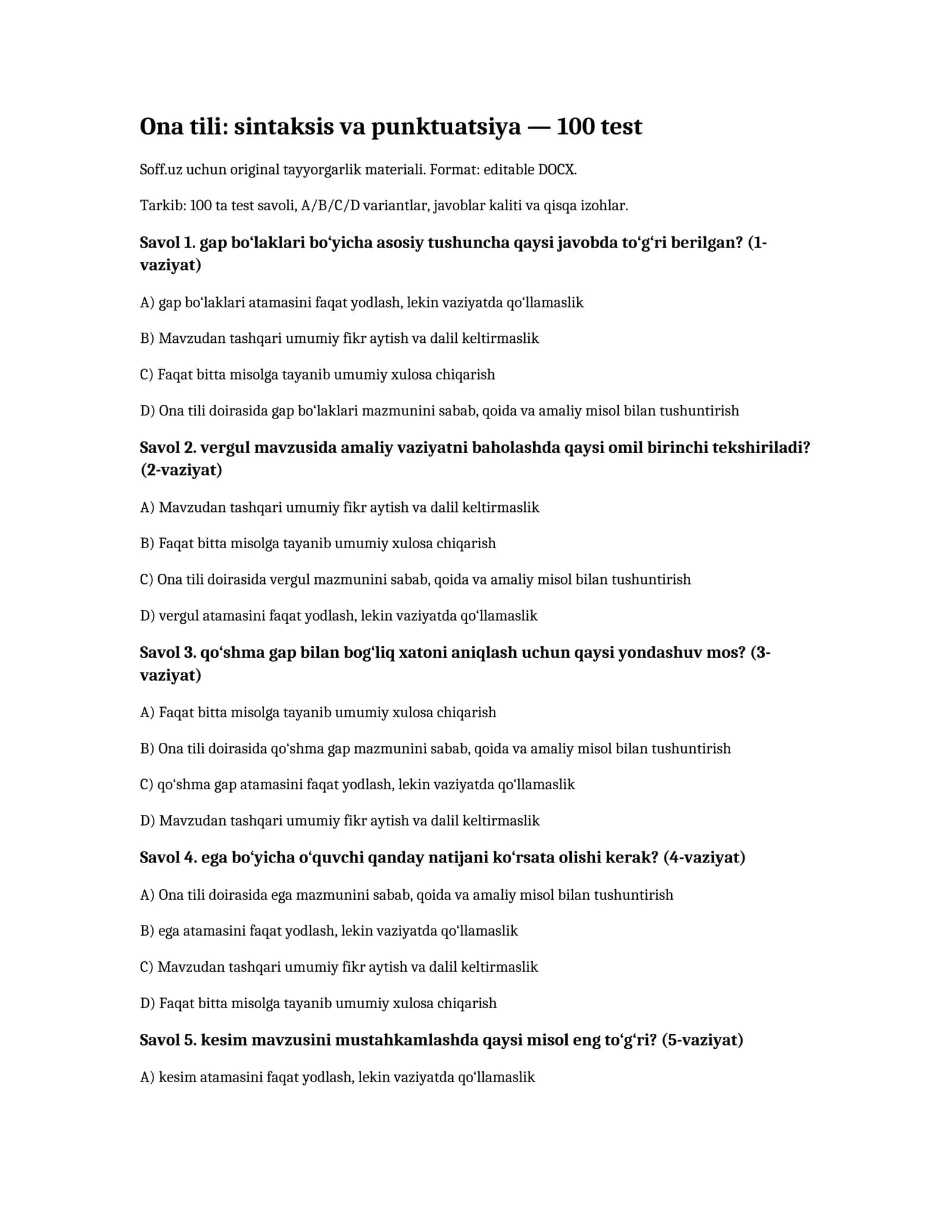 Ona tili: sintaksis va punktuatsiya — 100 test 1