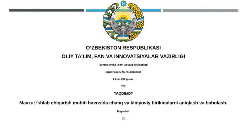 Ishlab chiqarish muhiti havosida chang va kimyoviy birikmalarni aniqlash va baholash 1