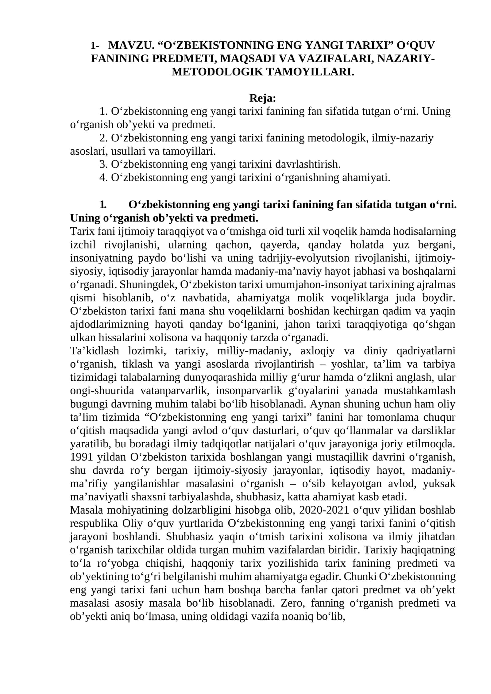 O‘zbekistonning eng yangi tarixi fanining metodologik asoslari 1