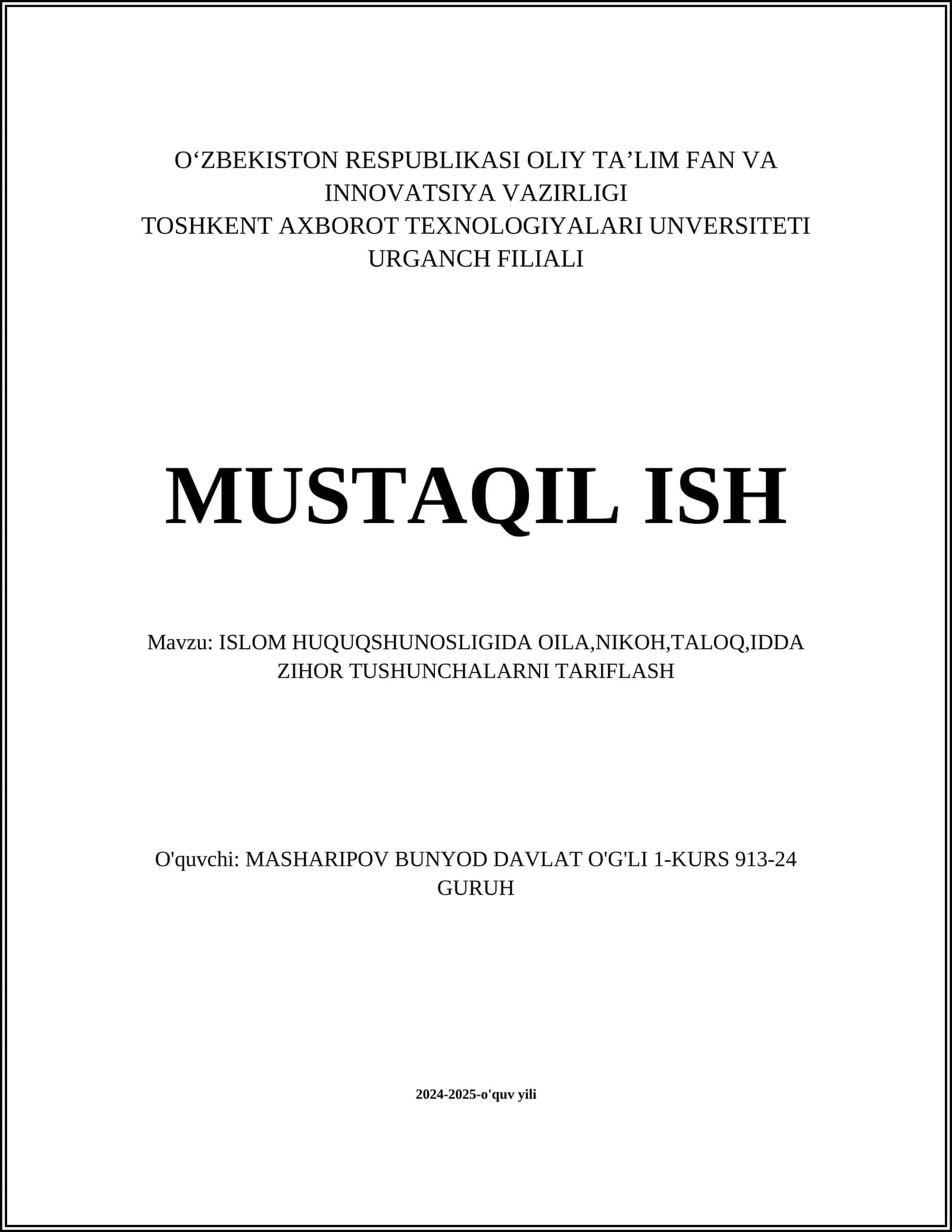 ISLOM HUQUQSHUNOSLIGIDA OILA,NIKOH,TALOQ,IDDA ZIHOR TUSHUNCHALARNI TARIFLASH 1