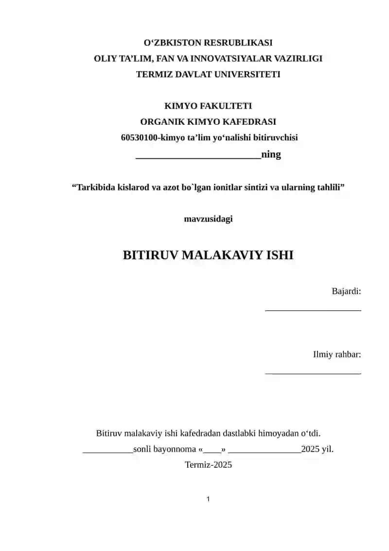 Tarkibida kislarod va azot bo`lgan ionitlar sintizi va ularning tahlili