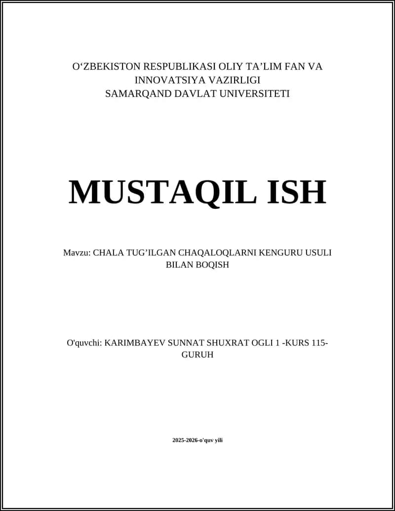 CHALA TUG’ILGAN CHAQALOQLARNI KENGURU USULI BILAN BOQISH 1