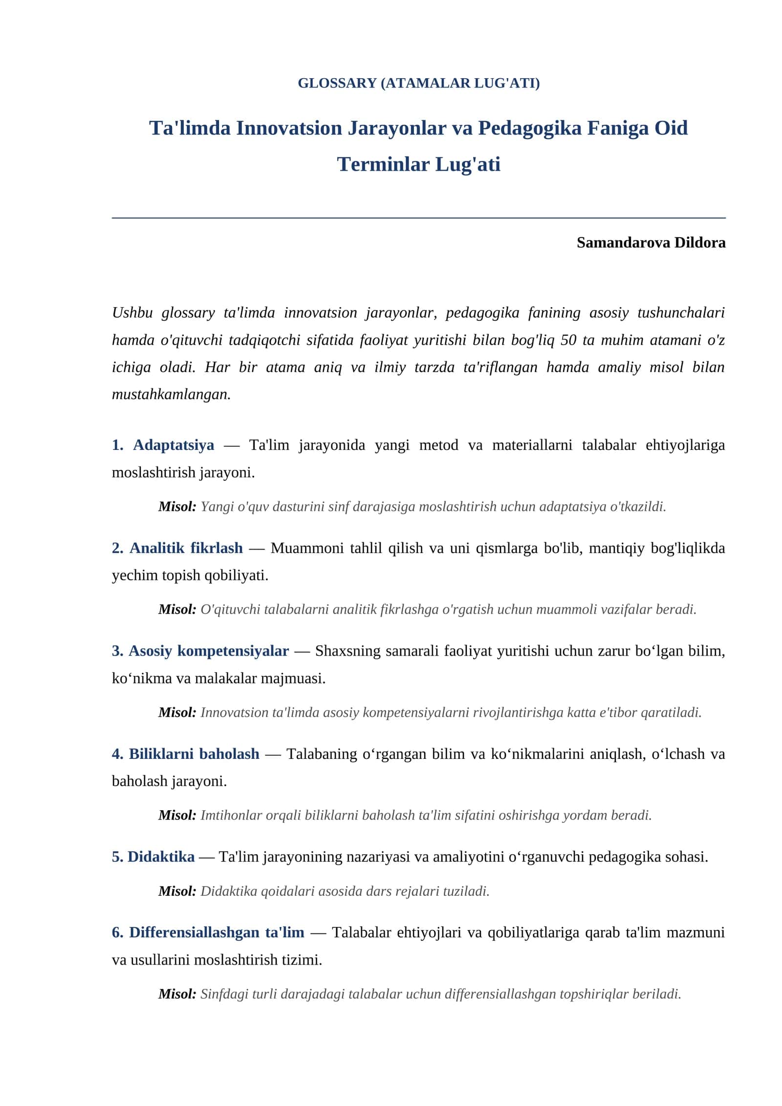 Ta'limda Innovatsion Jarayonlar va Pedagogika Faniga Oid Terminlar Lug'ati 1