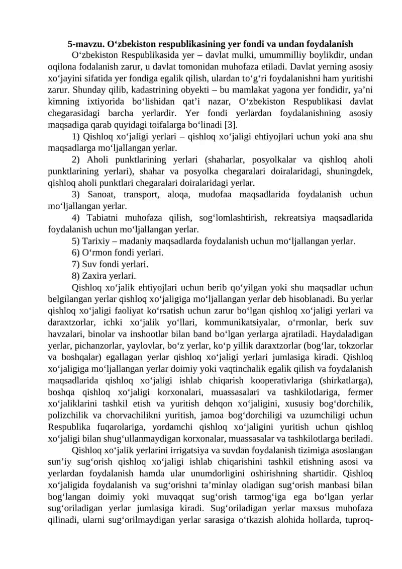 O‘zbekiston respublikasining yer fondi va undan foydalanish 1