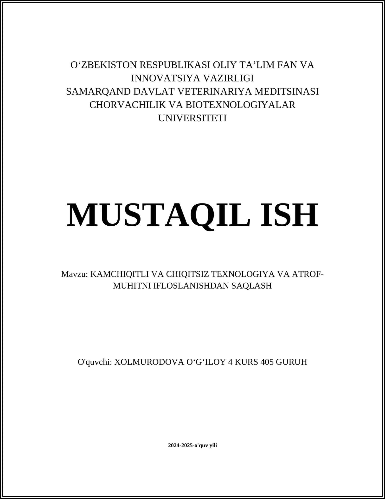 KAMCHIQITLI VA CHIQITSIZ TEXNOLOGIYA VA ATROF- MUHITNI IFLOSLANISHDAN SAQLASH 1