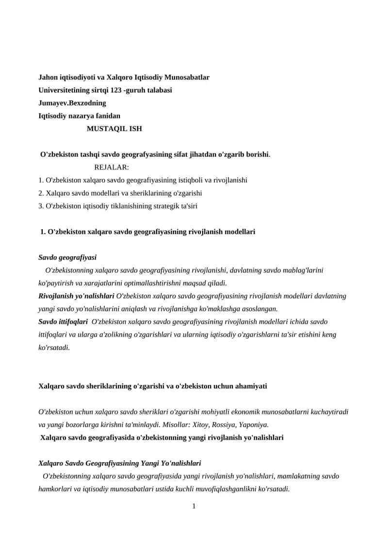 O'zbekiston xalqaro savdo geografiyasi 1