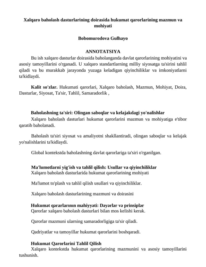 Xalqaro baholash dasturlarining doirasida hukumat qarorlarining mazmun va mohiyati 1