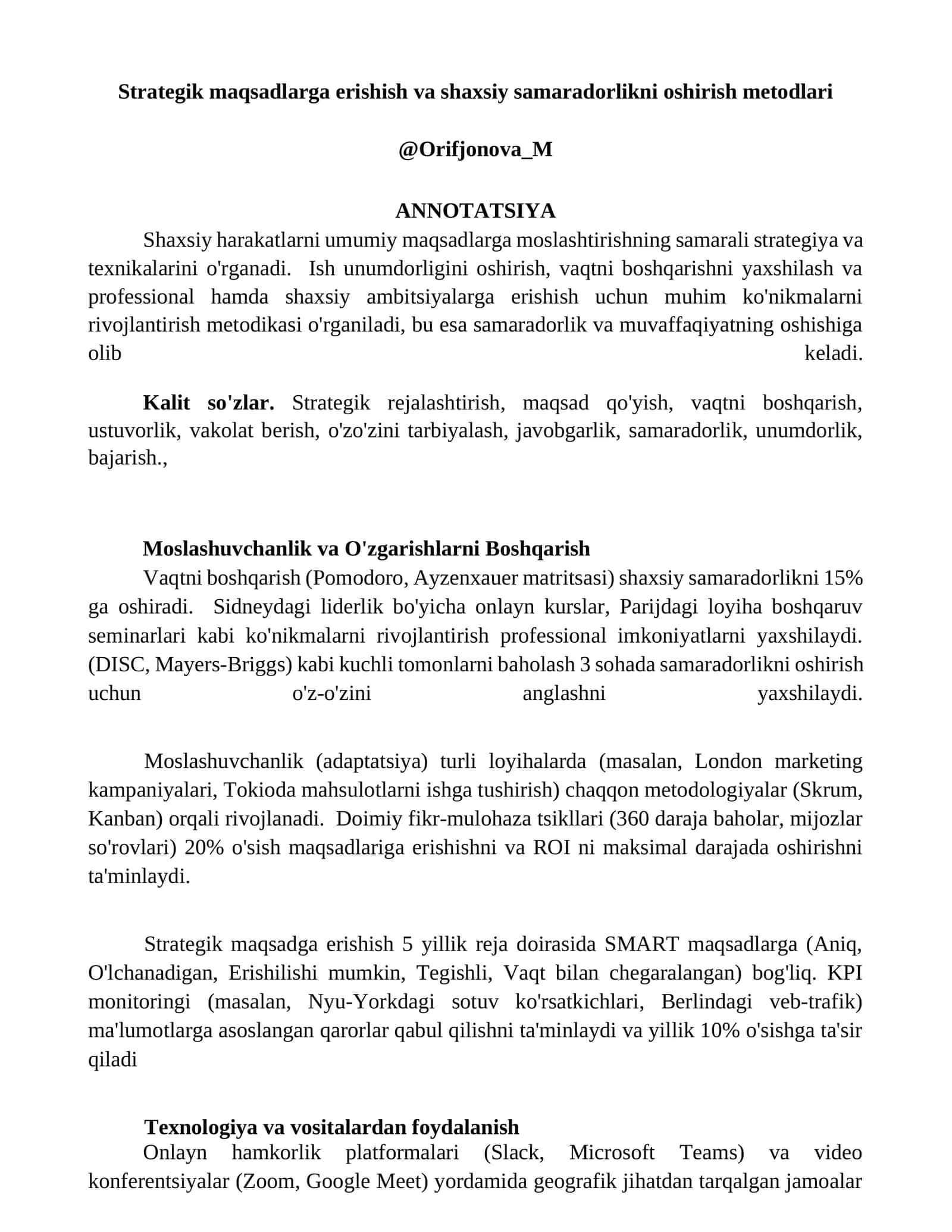 Strategik maqsadlarga erishish va shaxsiy samaradorlikni oshirish metodlari 1
