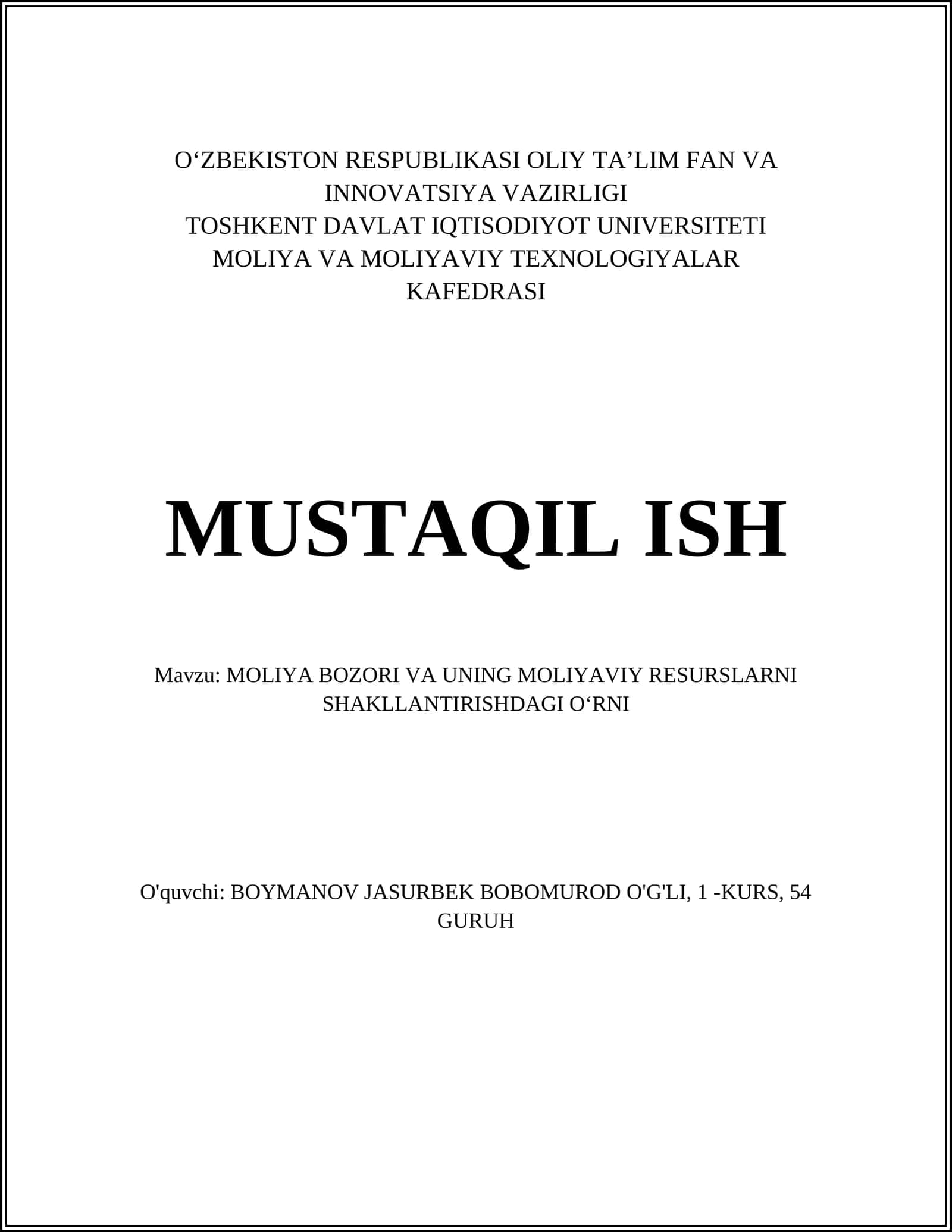 Moliya bozori va uning moliyaviy resurslarni shakllantirishdagi o'rni 1