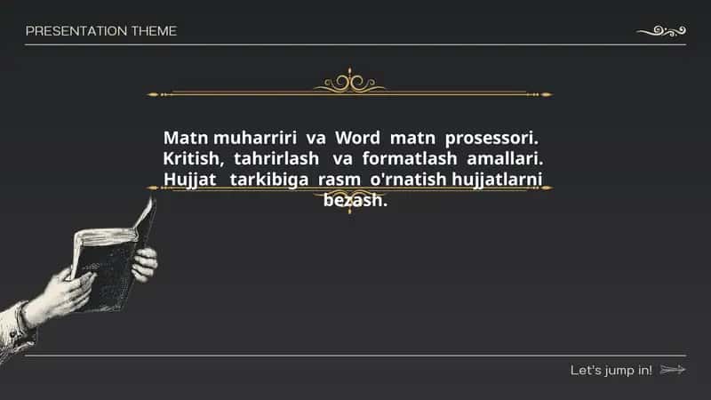 Matn muharriri  va  Word  matn  prosessori.   Kritish,  tahrirlash   va  formatlash  amallari.  Hujjat   tarkibiga  rasm  o'rnatish hujjatlarni  bezash 1
