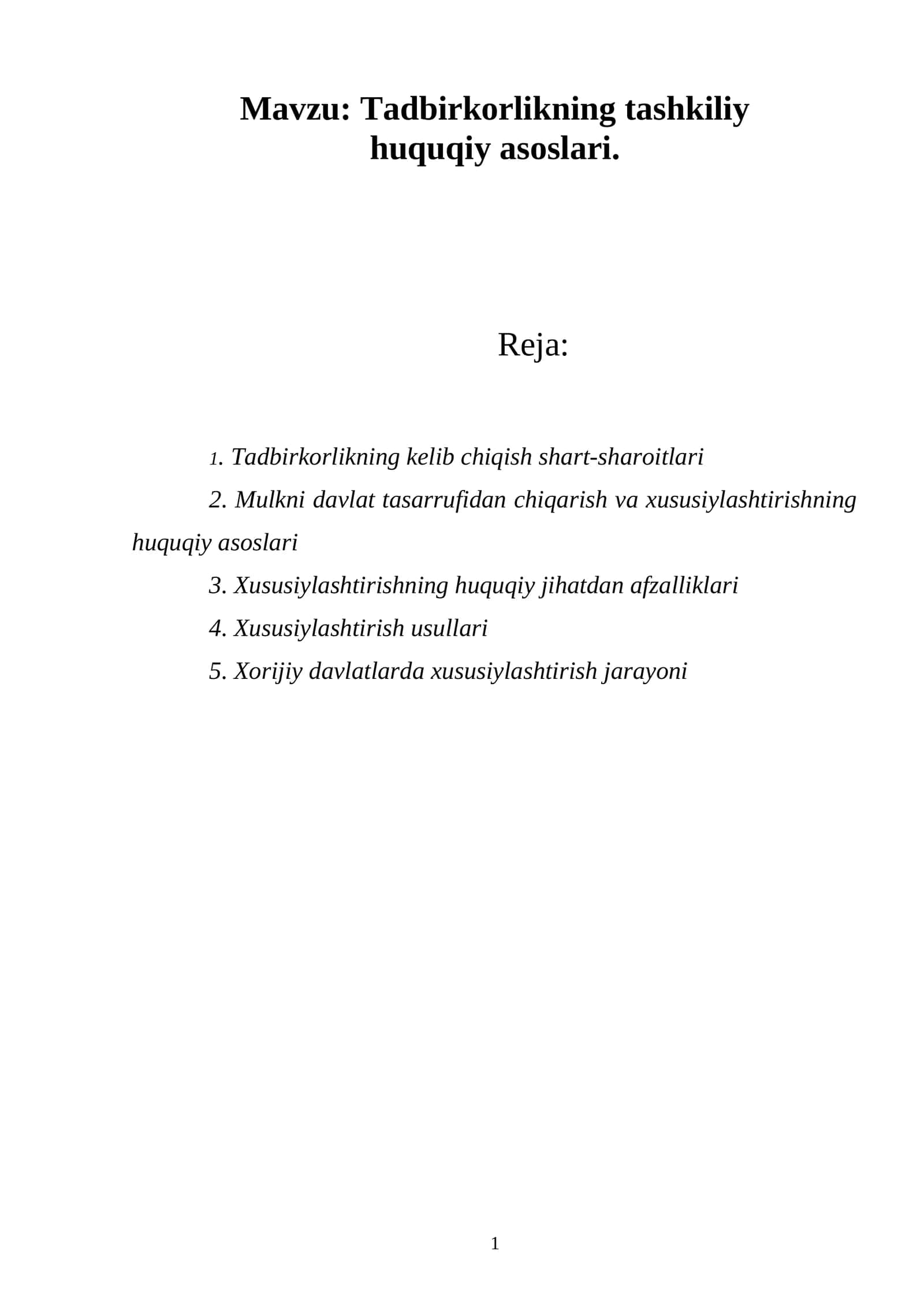 Tadbirkorlikning tashkiliy huquqiy asoslari 1