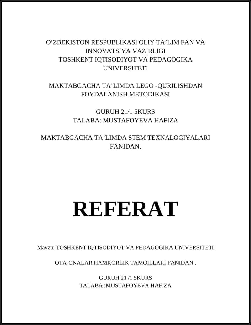 MAKTABGACHA TA’LIMDA LEGO -QURILISHDAN FOYDALANISH METODIKASI 1