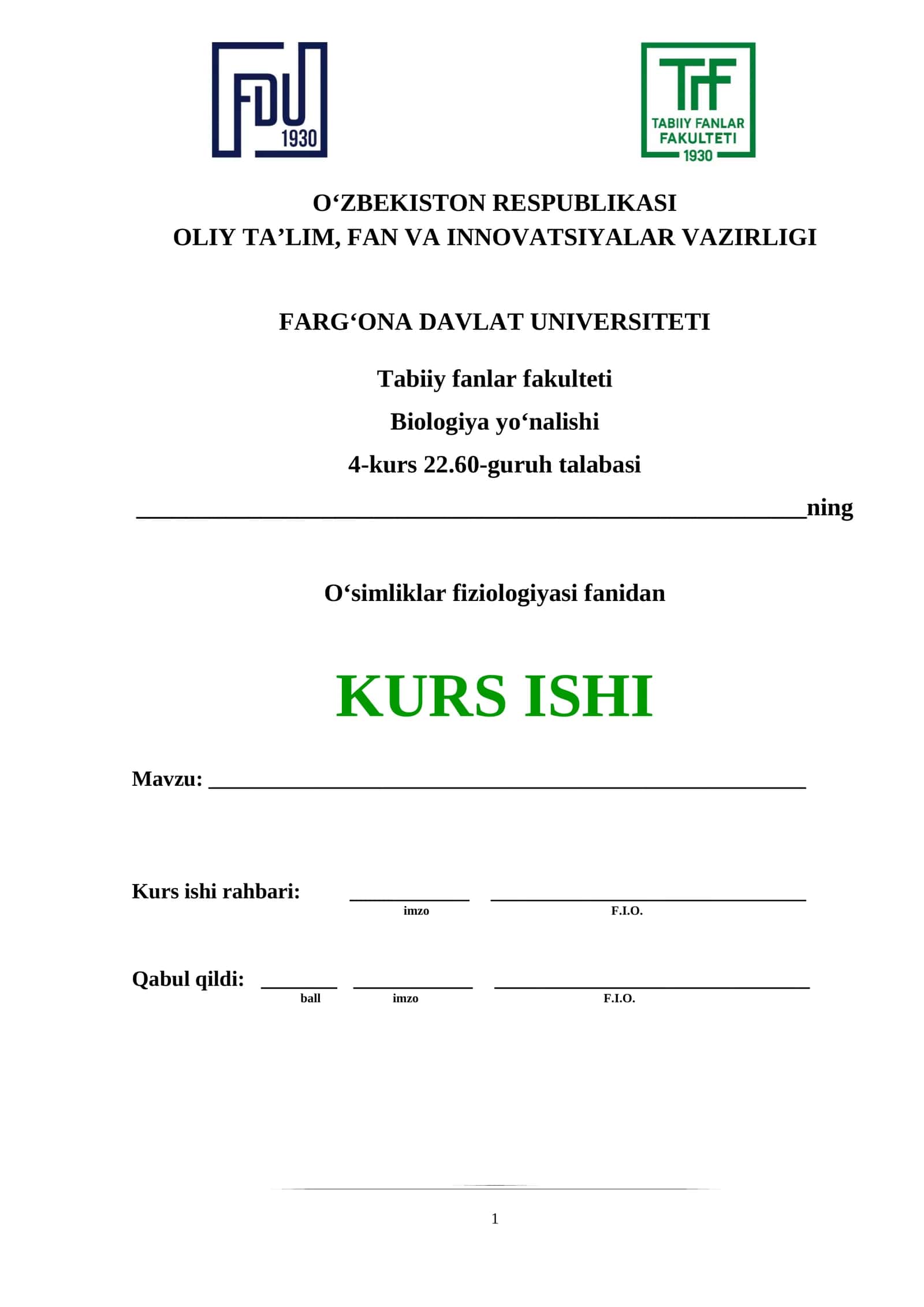 O‘simliklar fiziologiyasi KURS ISHI 1