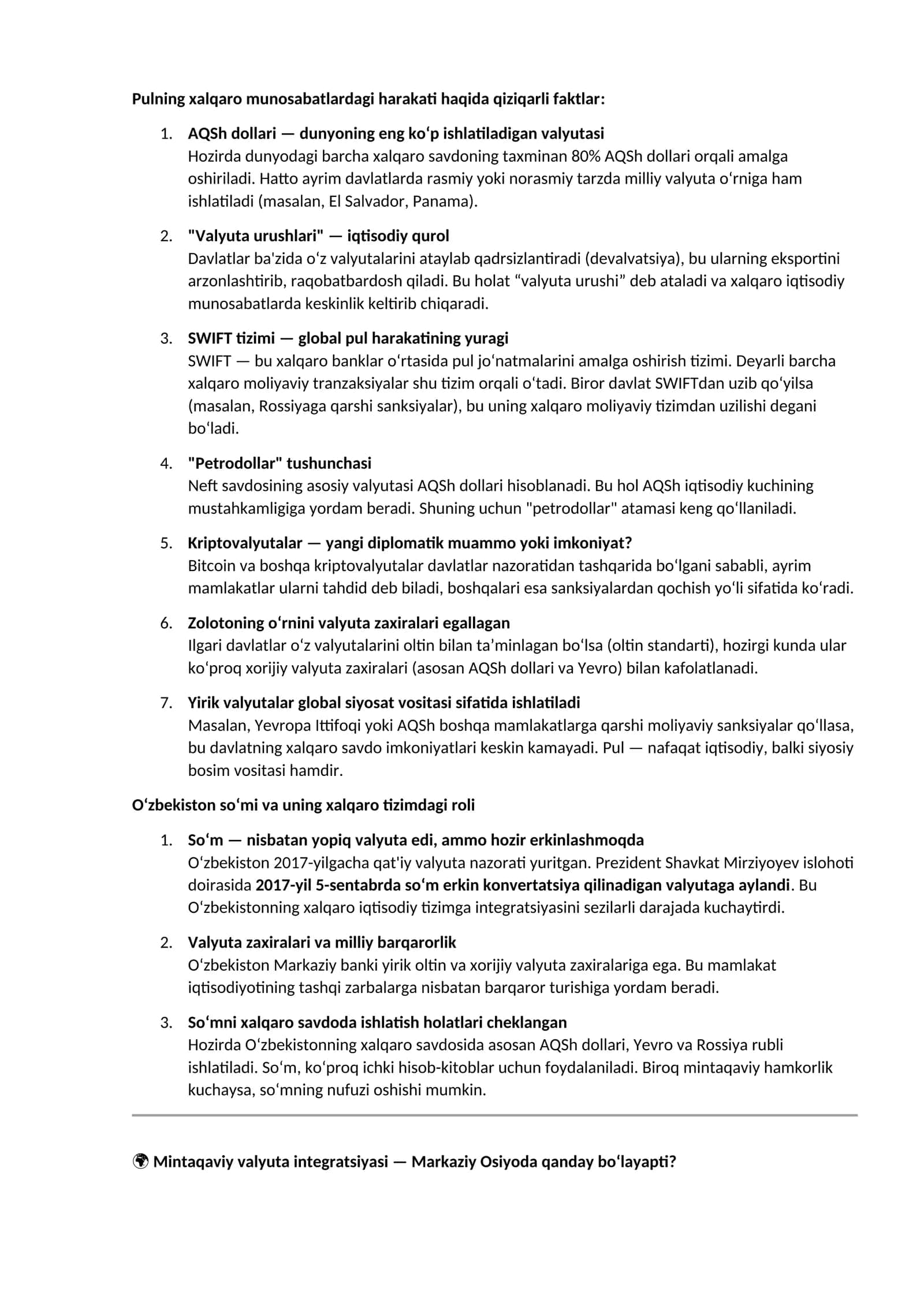 Pulning xalqaro munosabatlardagi harakati haqida qiziqarli faktlar 1