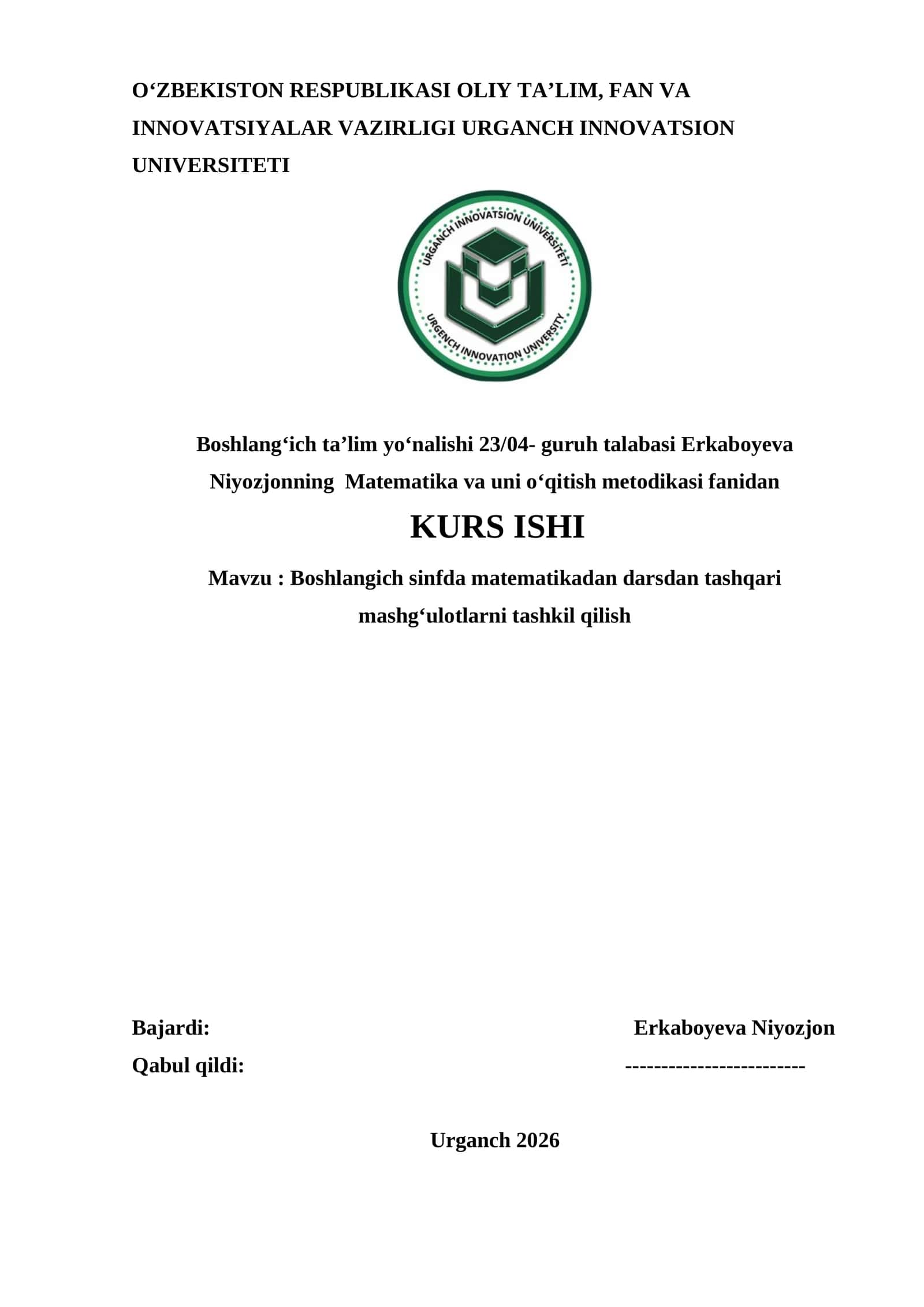 Boshlangich sinfda matematikadan darsdan tashqari mashg‘ulotlarni tashkil qilish 1