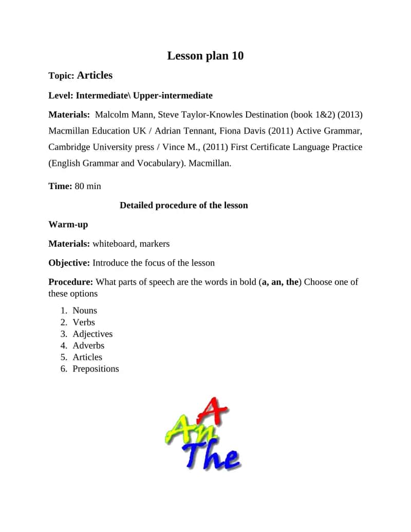 Definite and Indefinite Articles Lesson Plan 1
