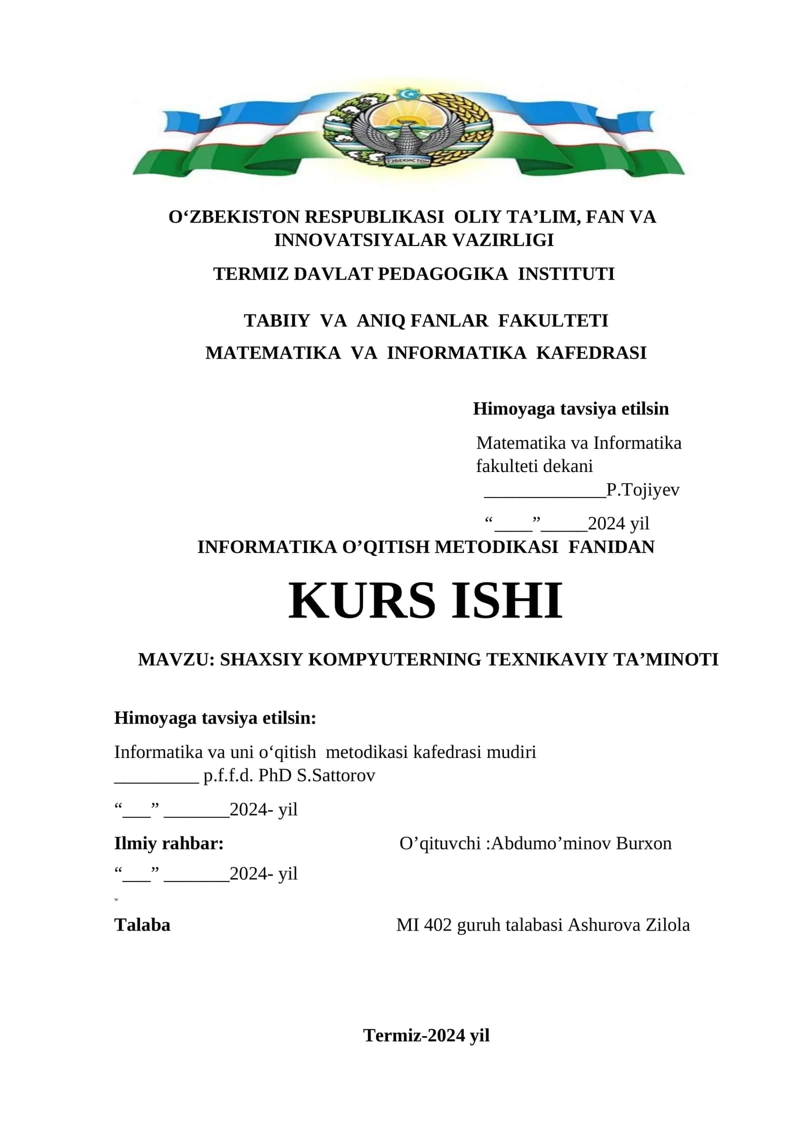 INFORMATIKA O’QITISH METODIKASI fanidan KURS ISHI 1