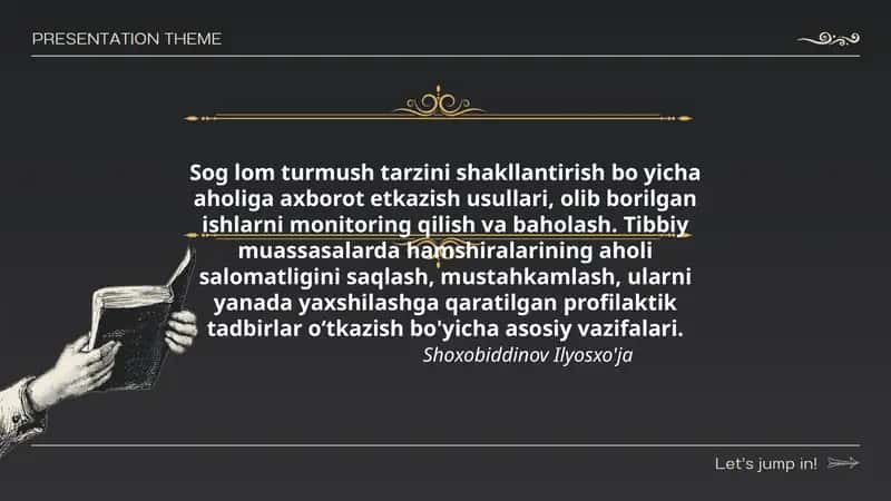 Sog lom turmush tarzini shakllantirish bo yicha aholiga axborot etkazish usullari, olib borilgan ishlarni monitoring qilish va baholash. Tibbiy muassasalarda hamshiralarining aholi salomatligini saqlash, mustahkamlash, ularni yanada yaxshilashga qaratilgan profilaktik tadbirlar oʻtkazish bo'yicha asosiy vazifalari. 1