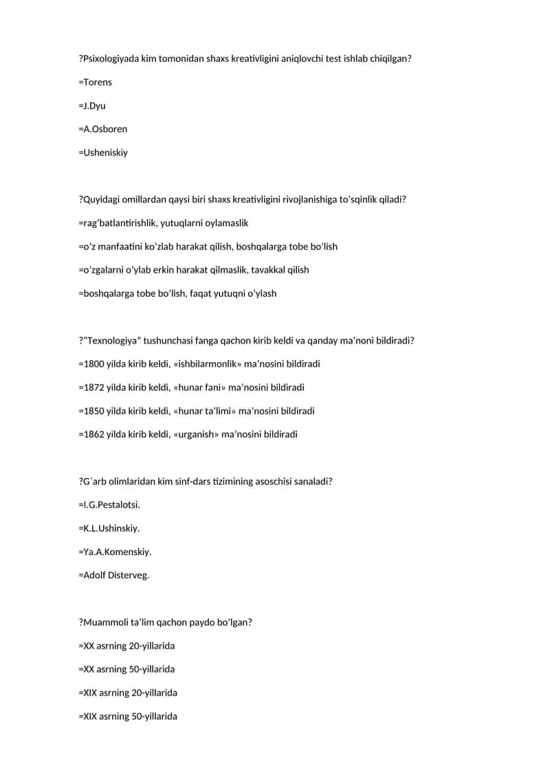 Psixologiyada kim tomonidan shaxs kreativligini aniqlovchi test ishlab chiqilgan? 1
