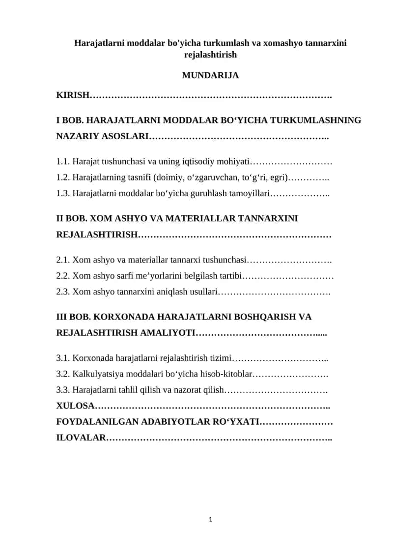 Harajatlarni moddalar bo'yicha turkumlash va xomashyo tannarxini rejalashtirish 1