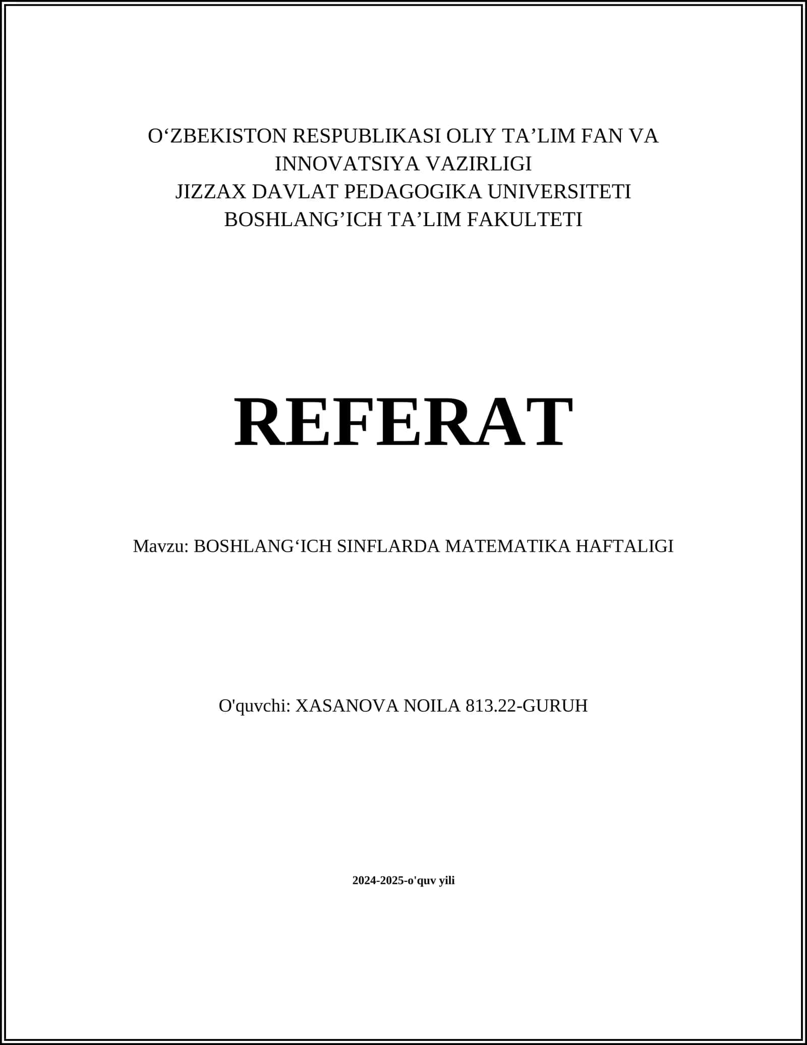 BOSHLANGʻICH SINFLARDA MATEMATIKA HAFTALIGI 1