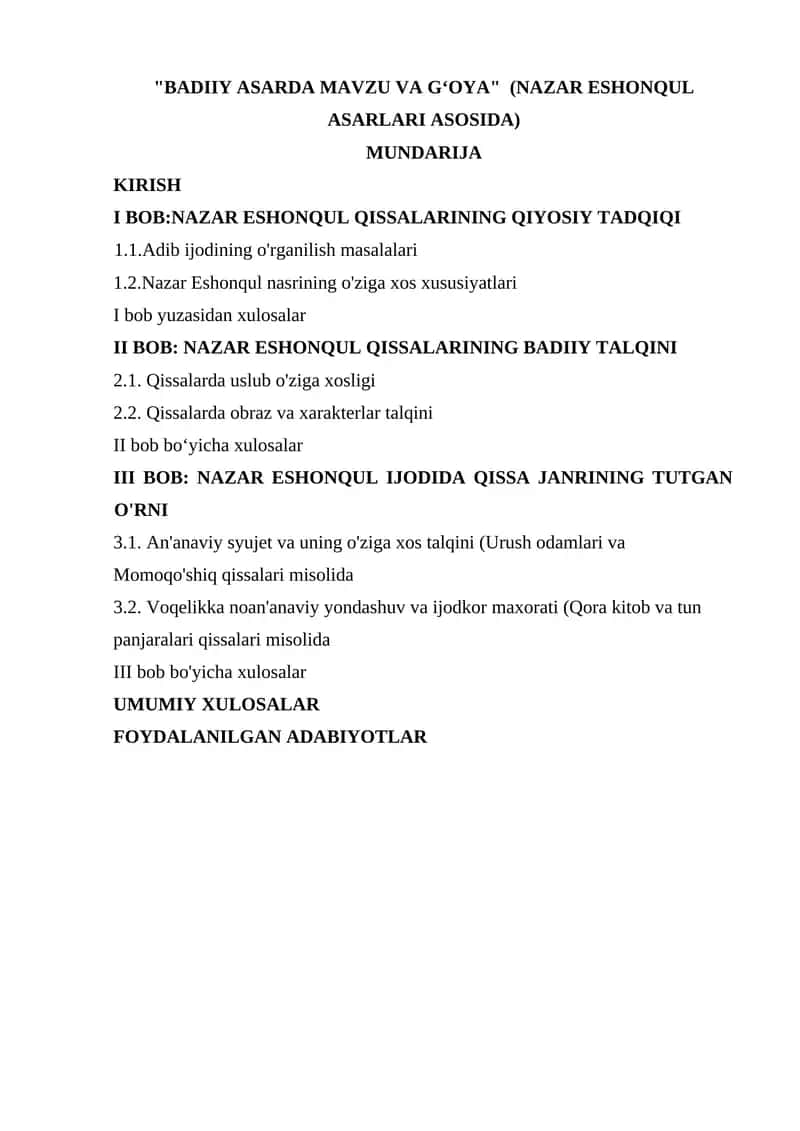 BADIIY ASARDA MAWZU VA G‘OYA (NAZAR ESHONQUL ASARLARI ASOSIDA) 1